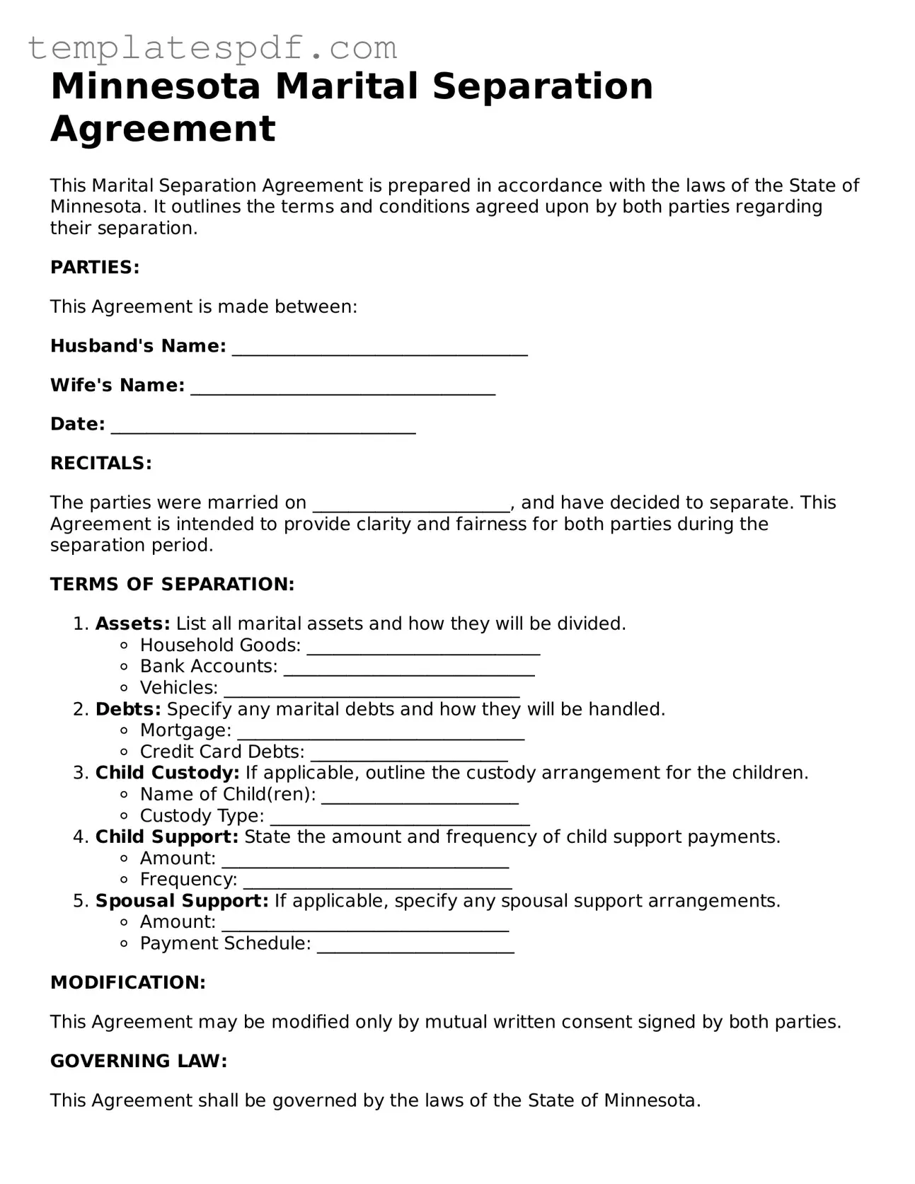 Official  Marital Separation Agreement Form for Minnesota