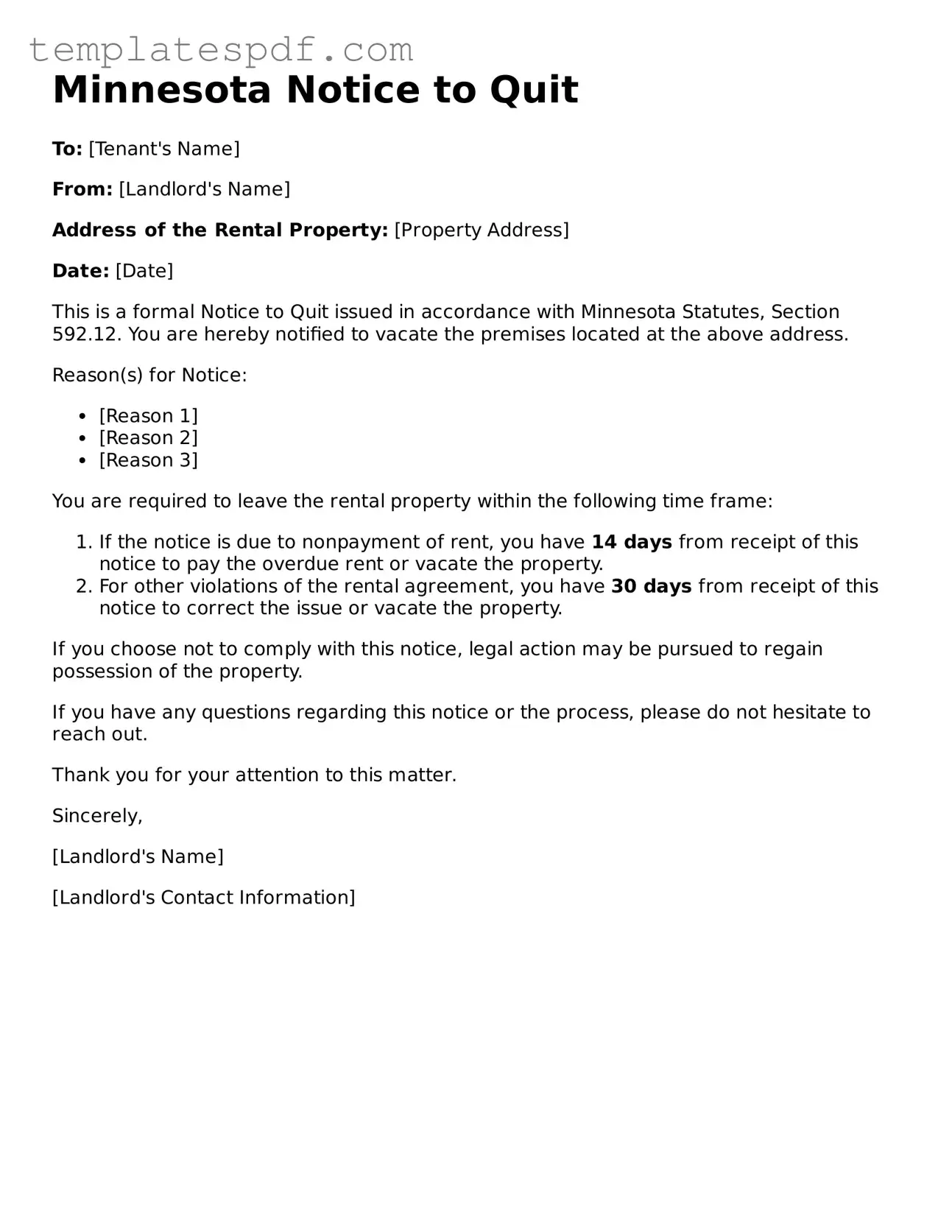 Official  Notice to Quit Form for Minnesota