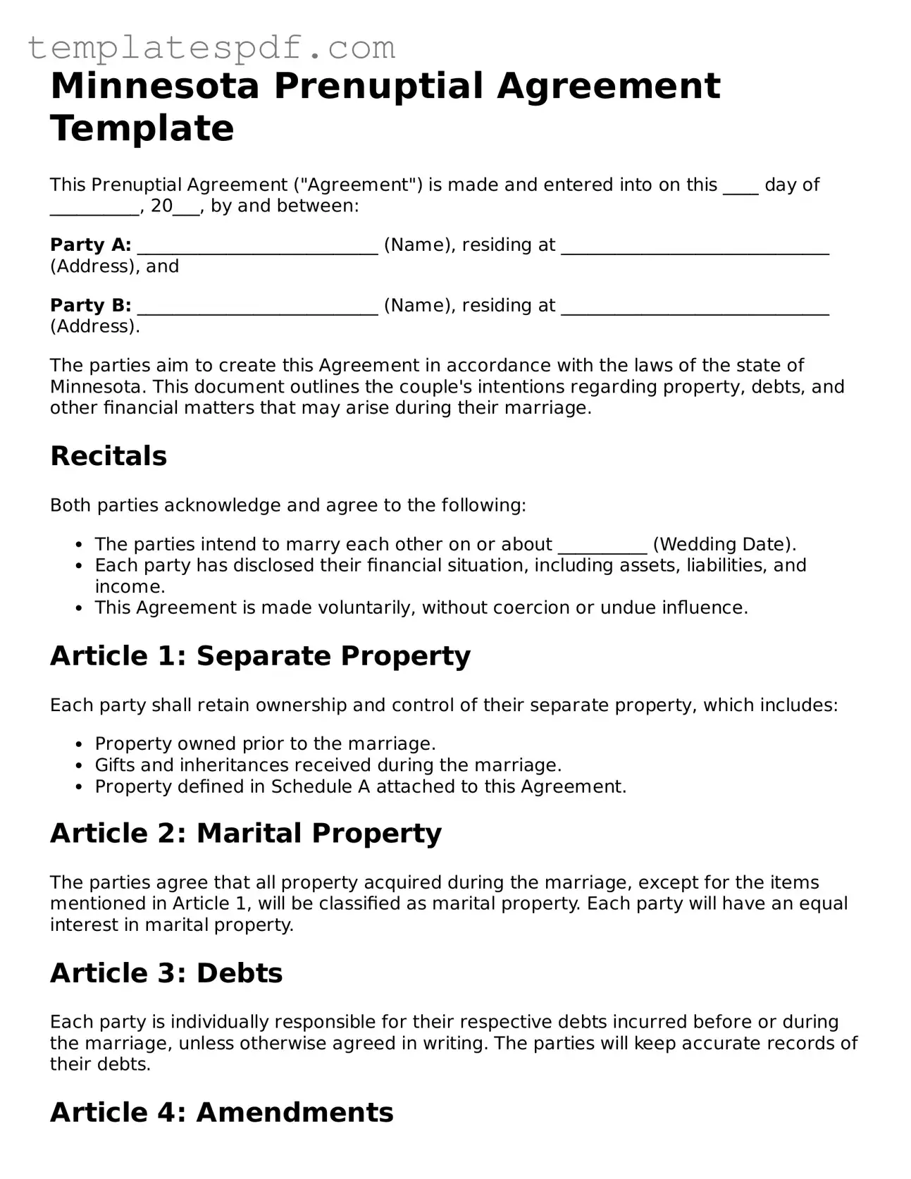 Official  Prenuptial Agreement Form for Minnesota