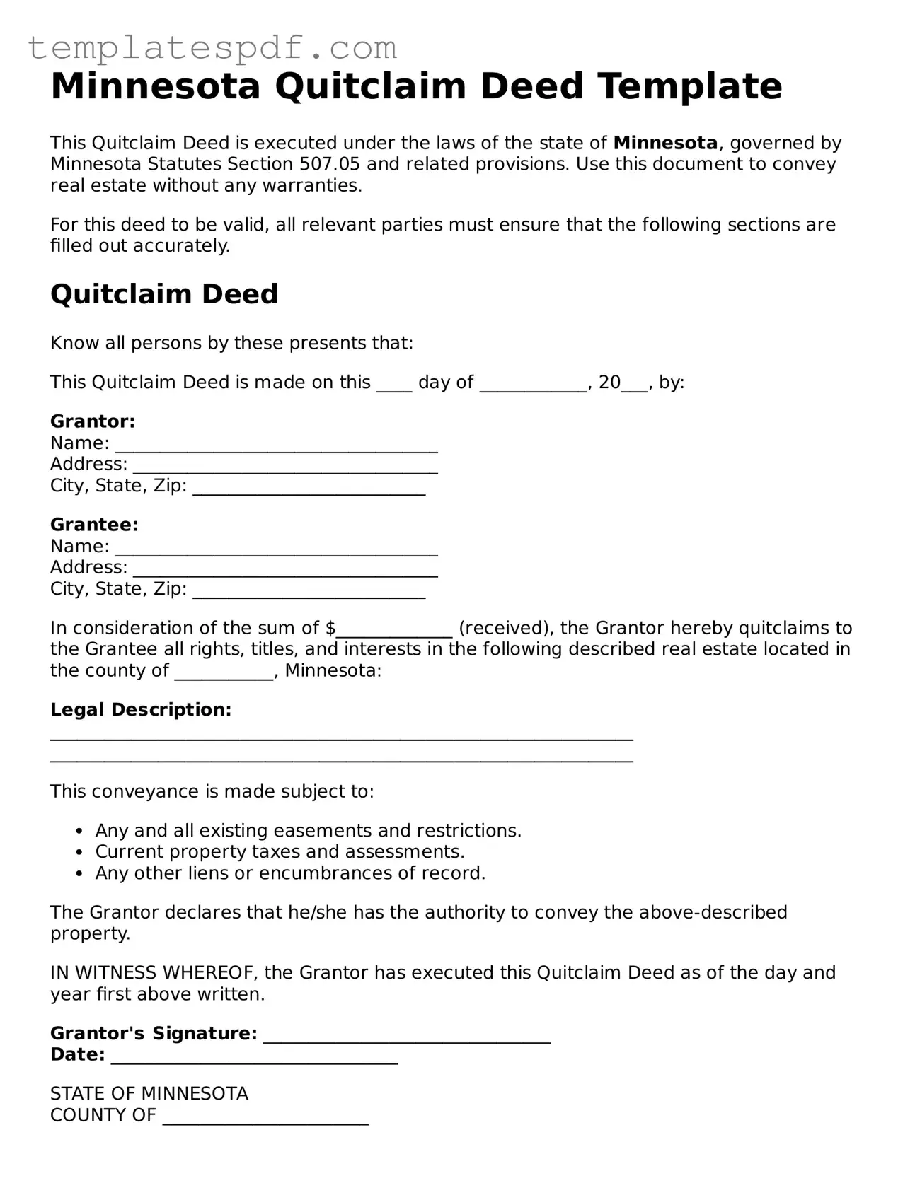 Official  Quitclaim Deed Form for Minnesota