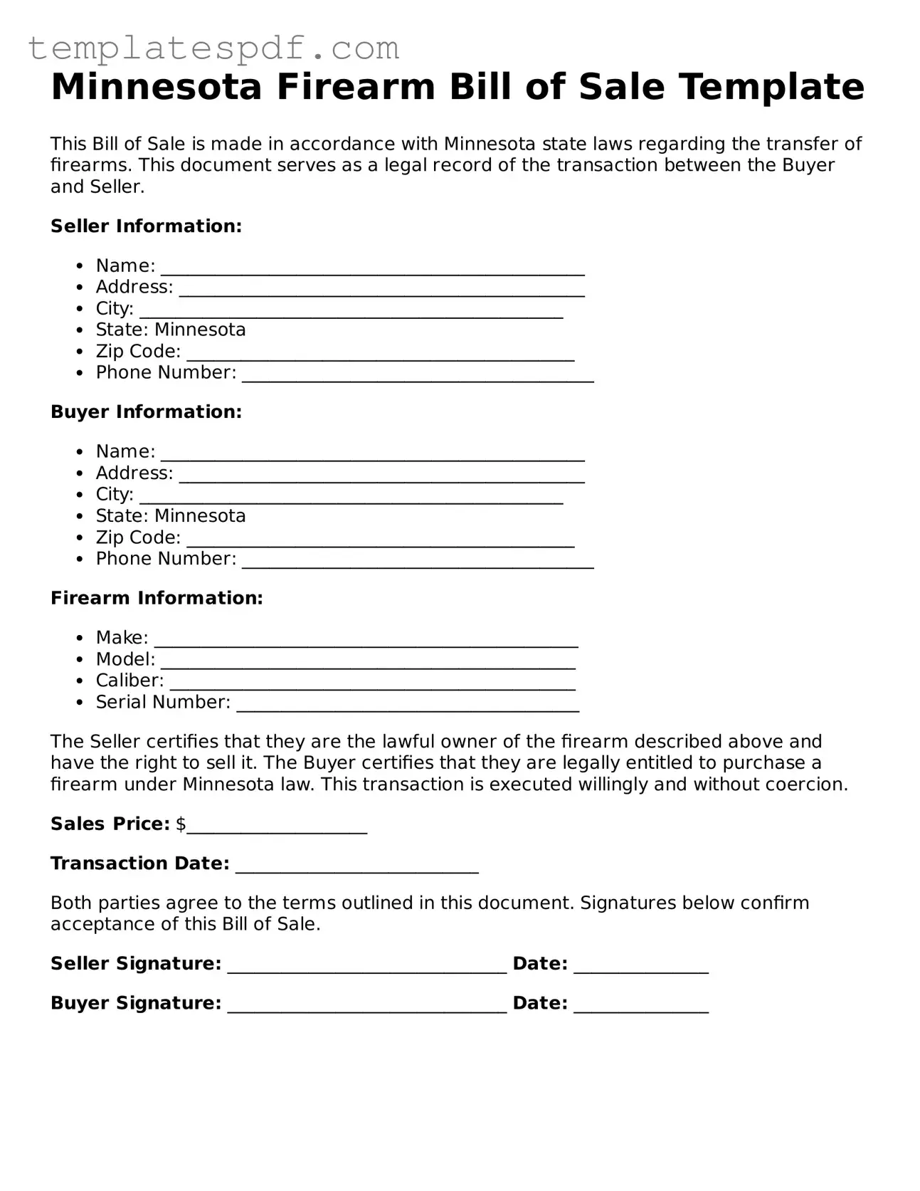 Official  Firearm Bill of Sale Form for Minnesota
