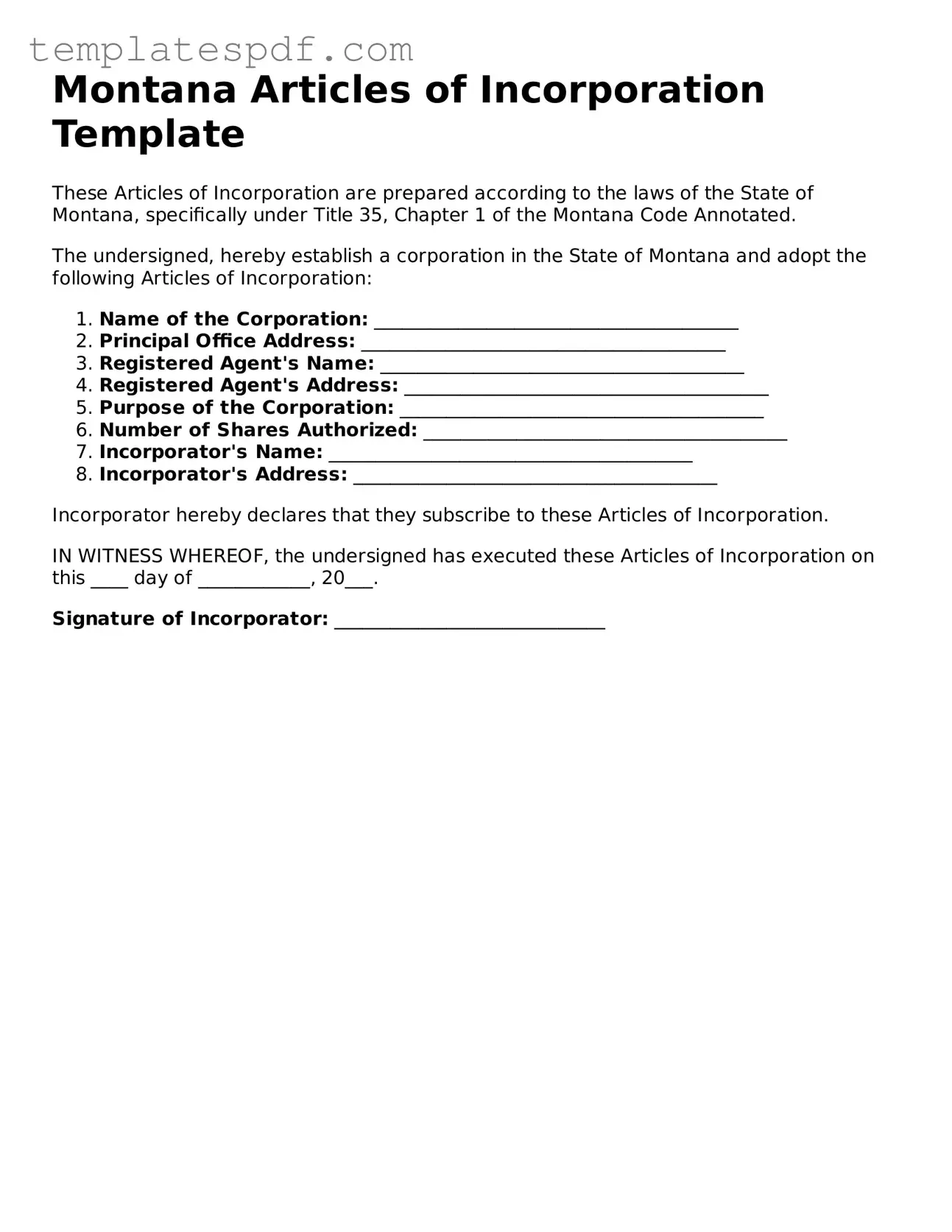 Official  Articles of Incorporation Form for Montana