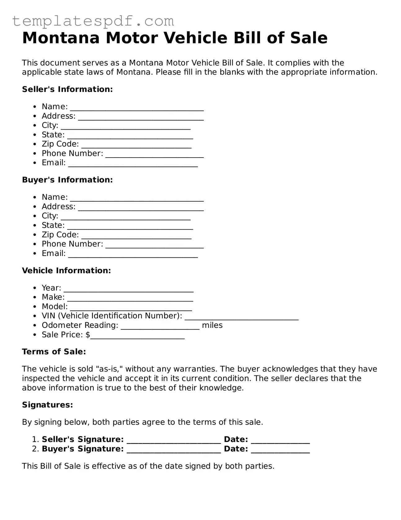 Official  Motor Vehicle Bill of Sale Form for Montana