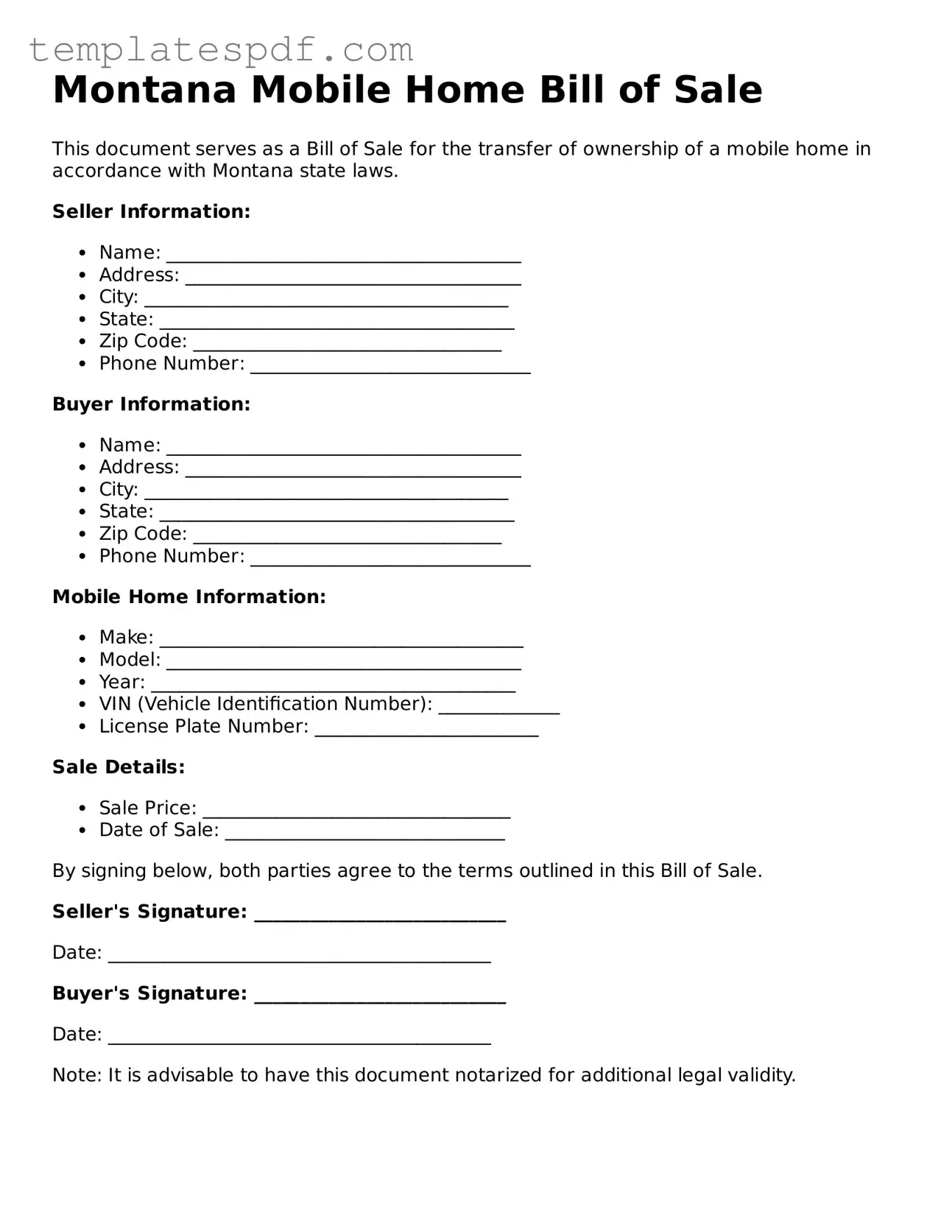 Official  Mobile Home Bill of Sale Form for Montana