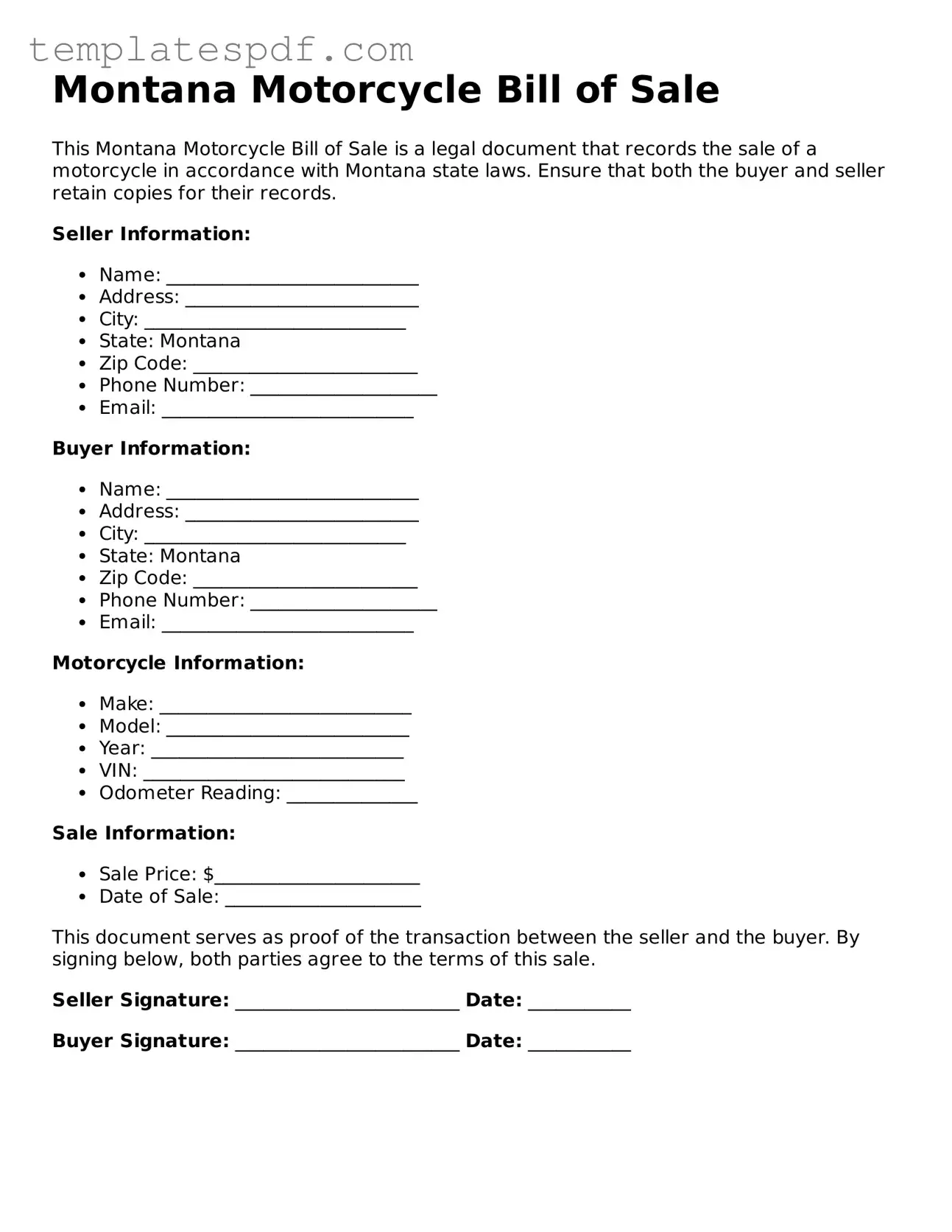 Official  Motorcycle Bill of Sale Form for Montana
