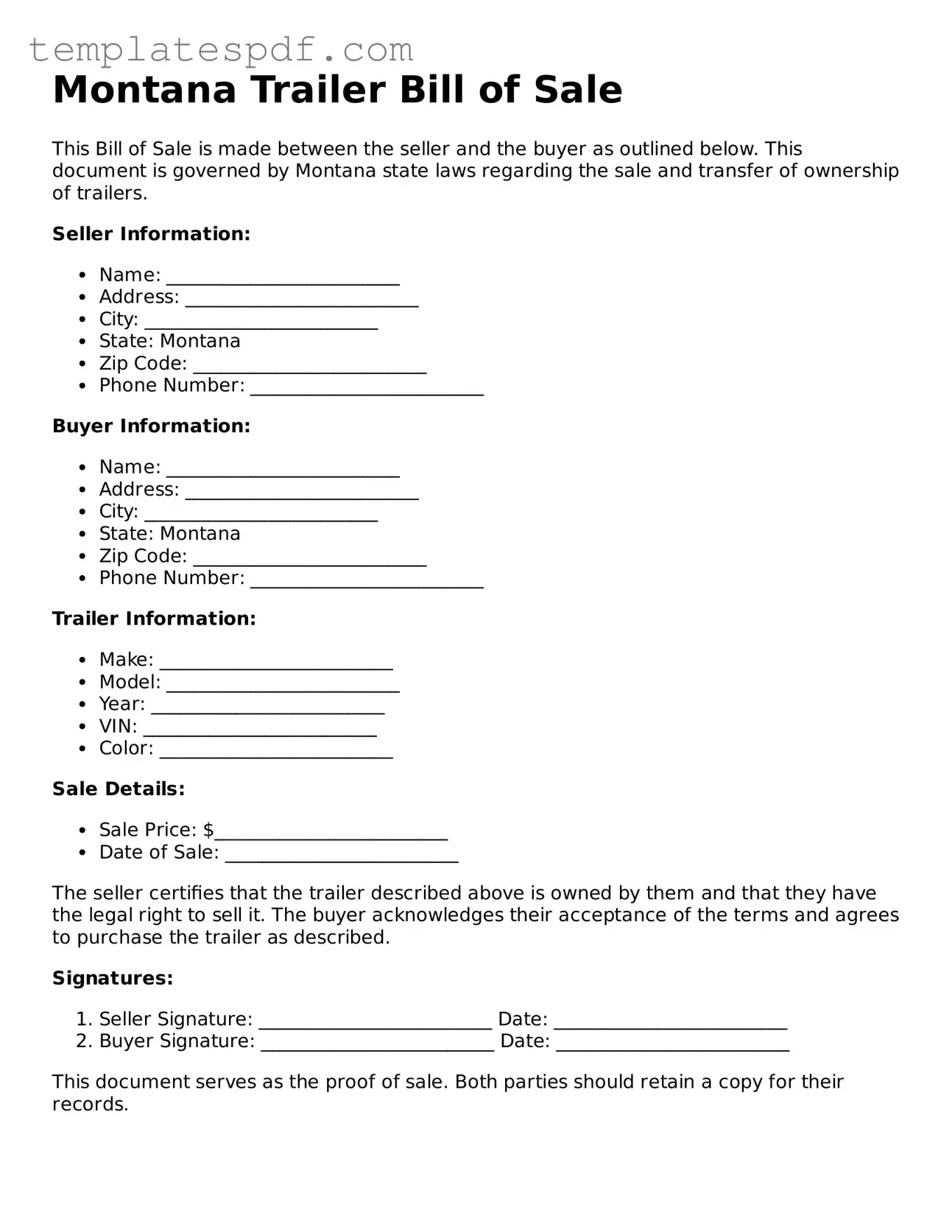 Official  Trailer Bill of Sale Form for Montana