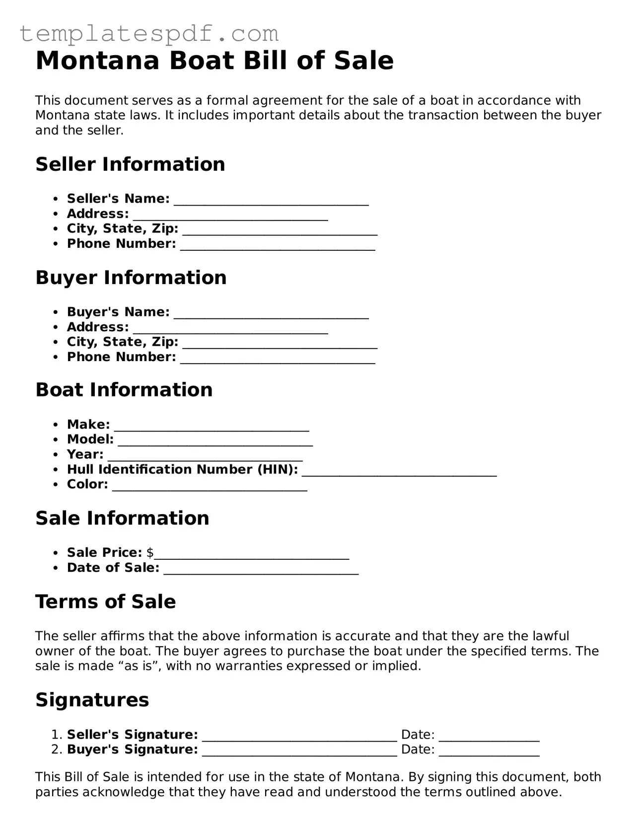 Official  Boat Bill of Sale Form for Montana