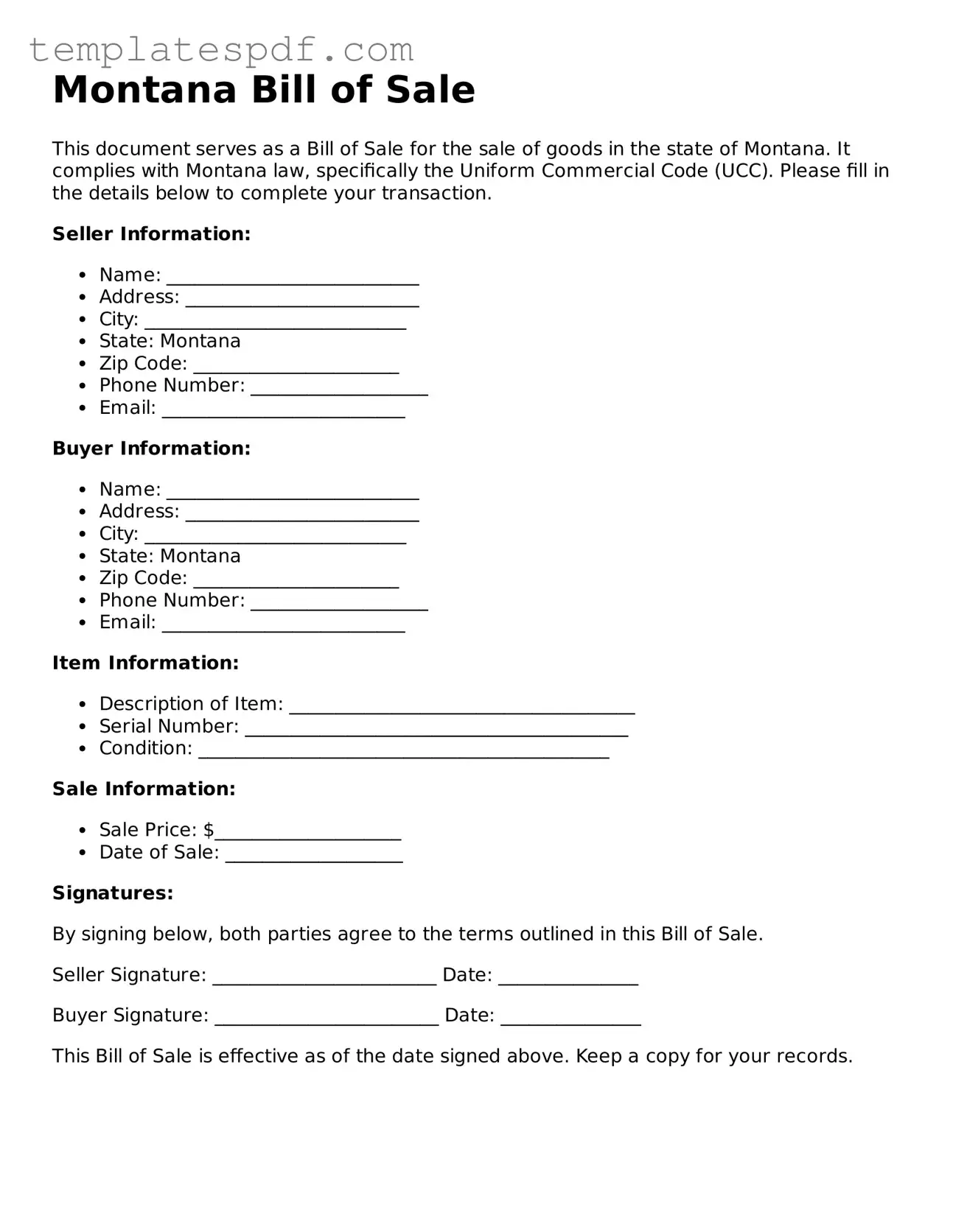 Official  Bill of Sale Form for Montana
