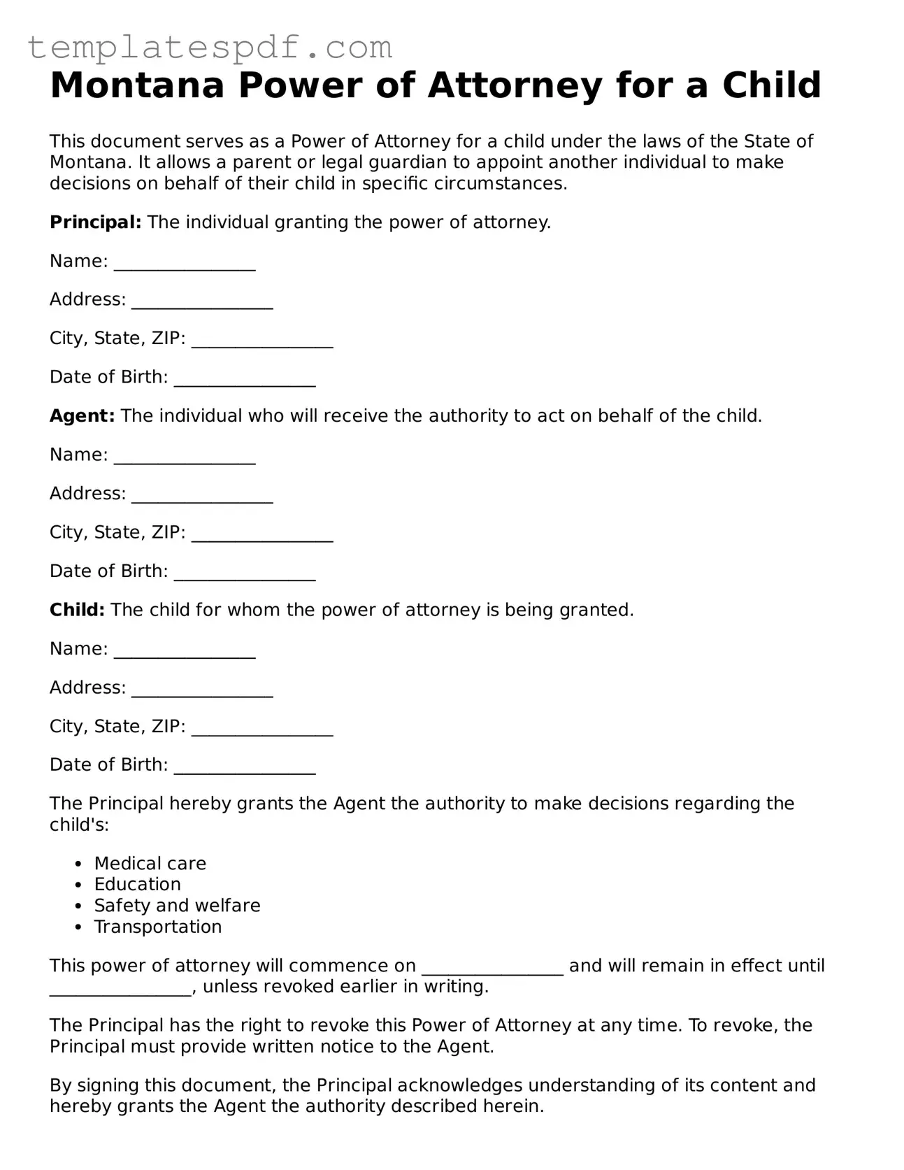 Official  Power of Attorney for a Child Form for Montana