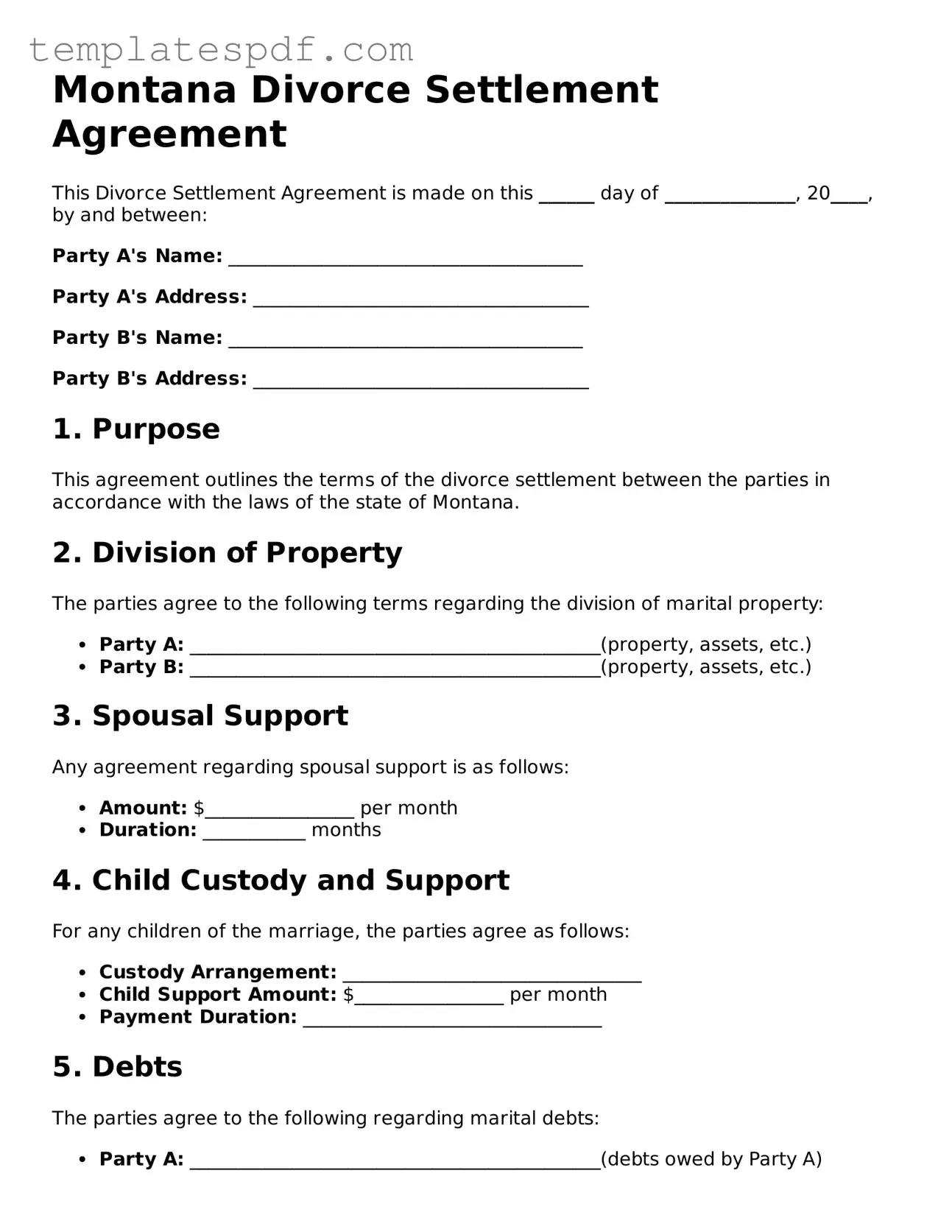 Official  Divorce Settlement Agreement Form for Montana