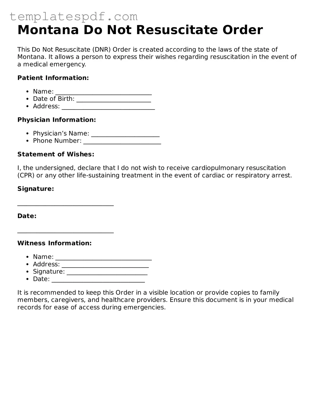 Official  Do Not Resuscitate Order Form for Montana