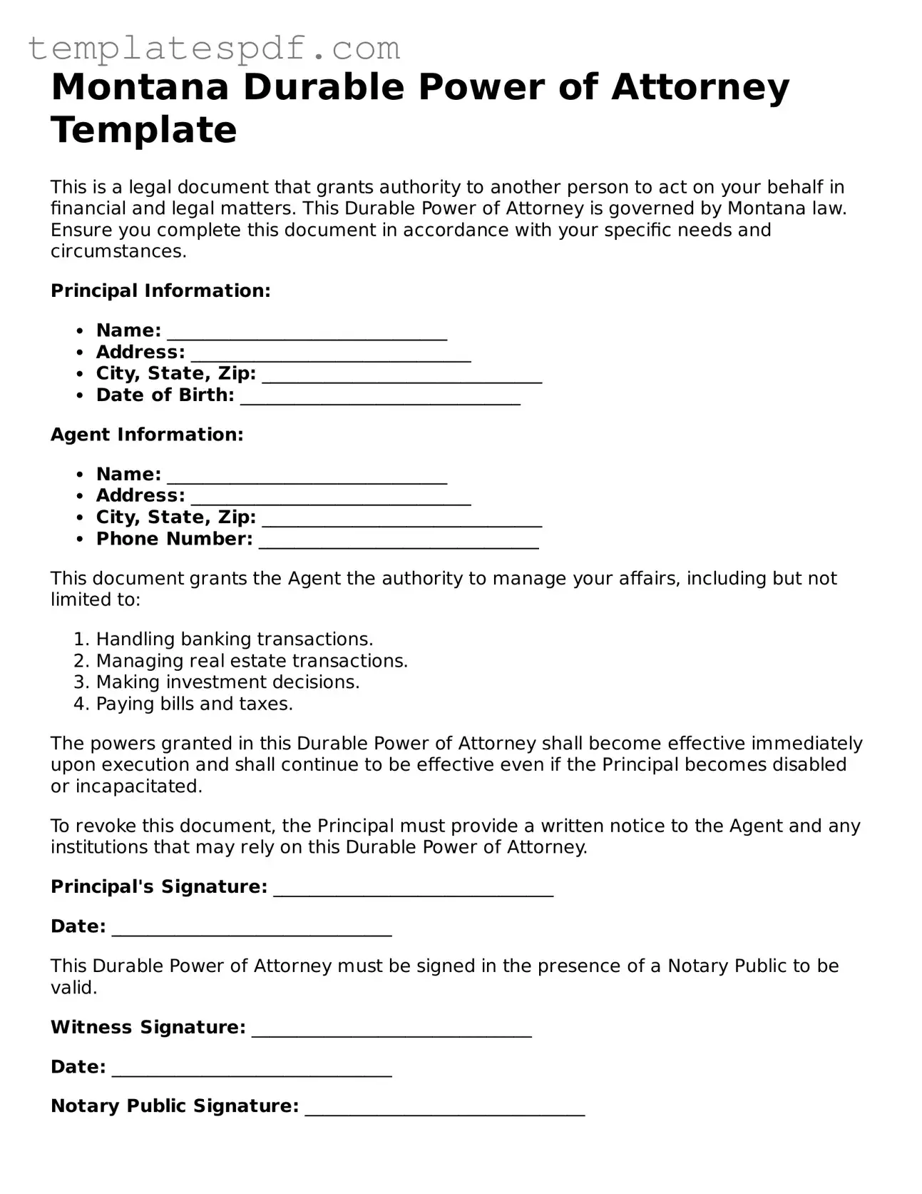 Official  Durable Power of Attorney Form for Montana