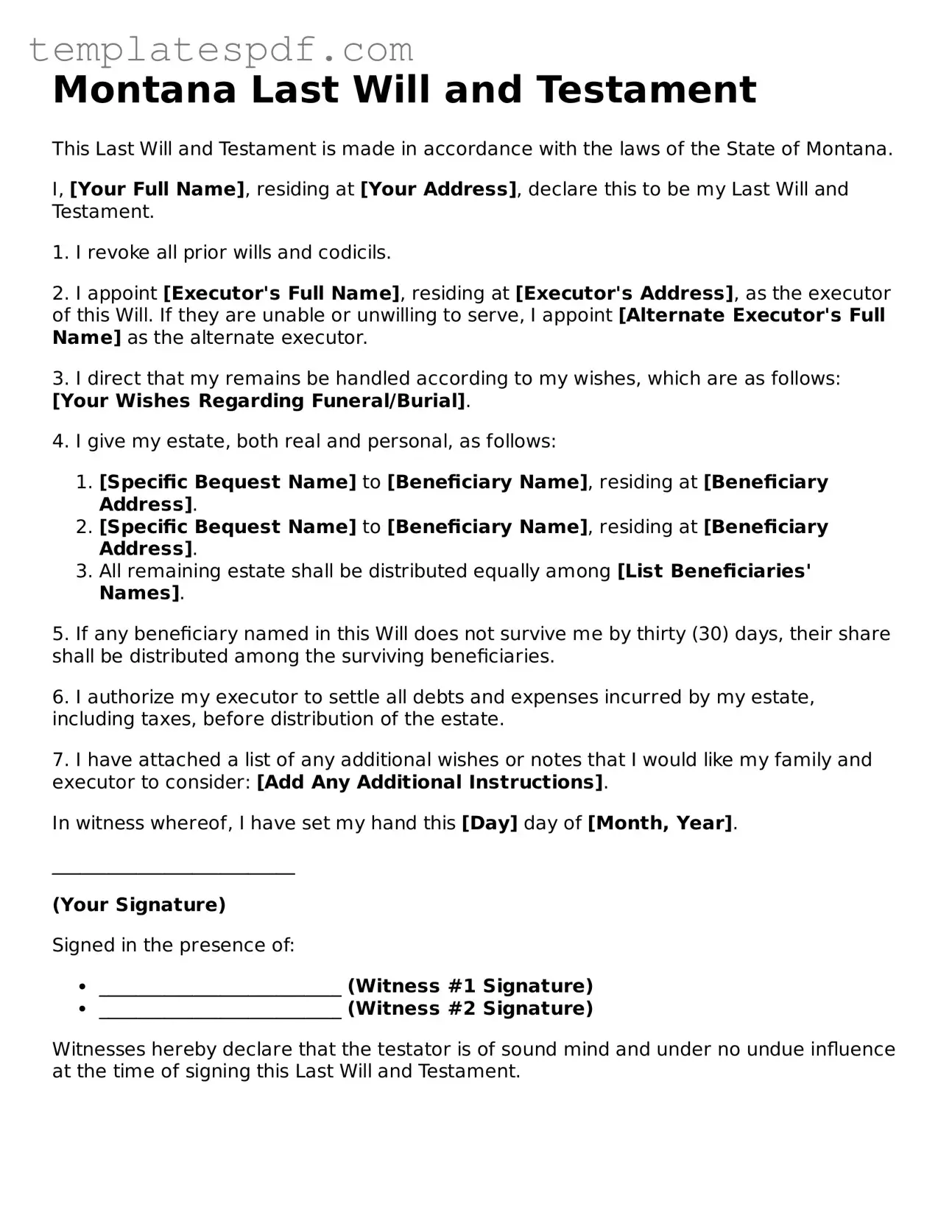 Official  Last Will and Testament Form for Montana