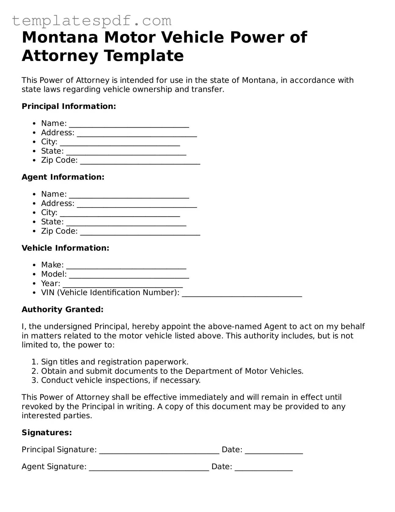 Official  Motor Vehicle Power of Attorney Form for Montana