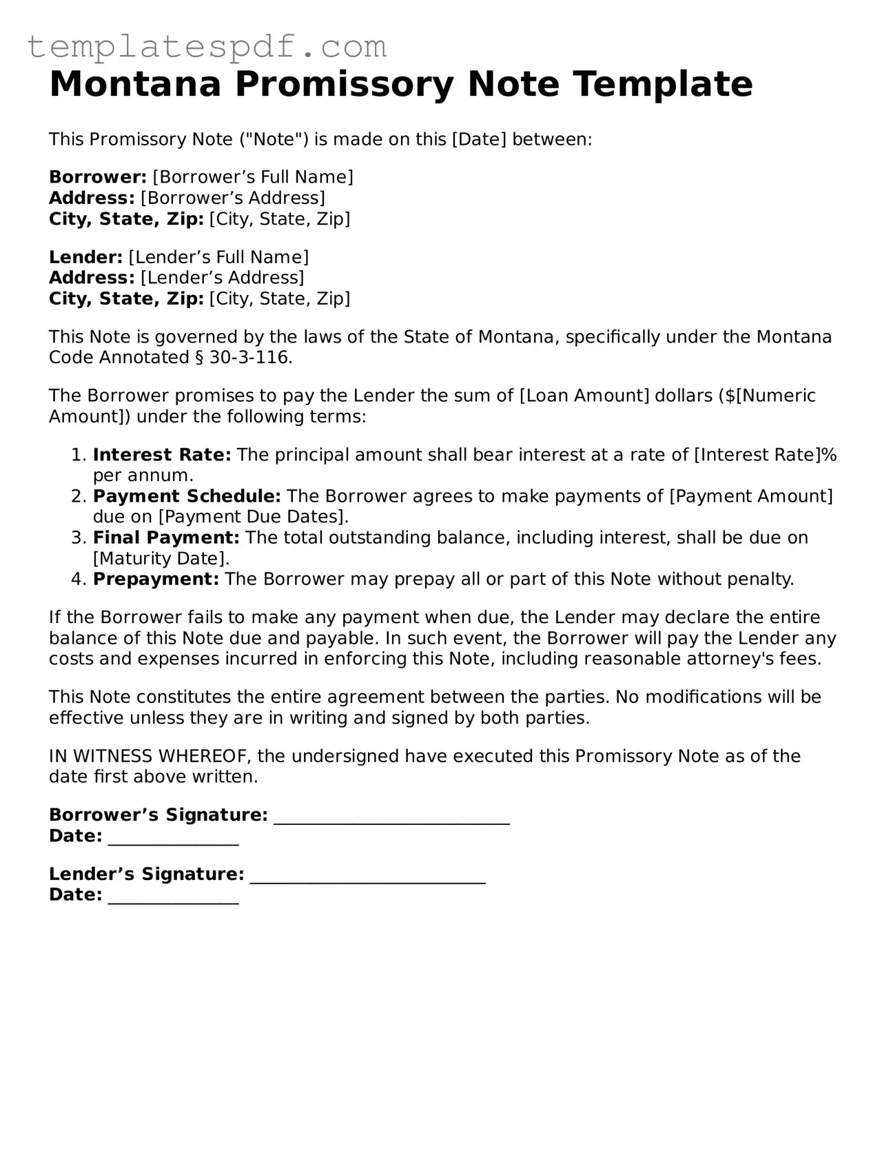 Official  Promissory Note Form for Montana