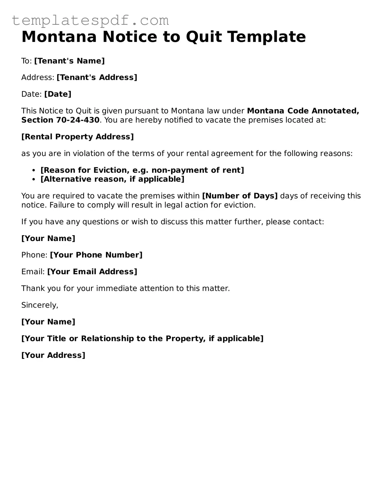Official  Notice to Quit Form for Montana