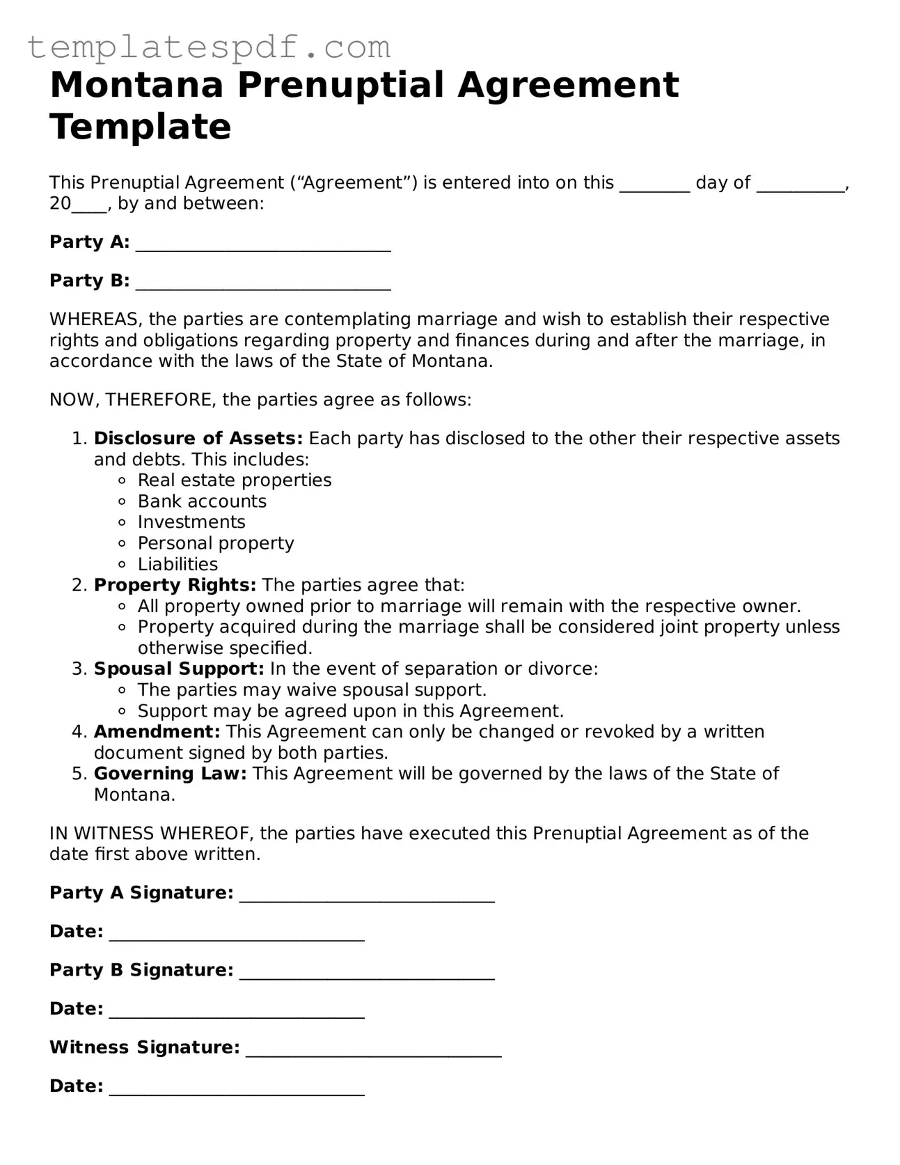 Official  Prenuptial Agreement Form for Montana