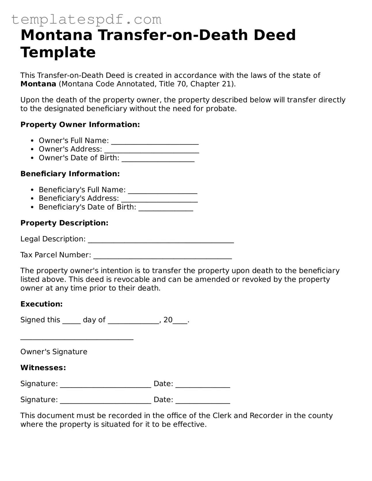 Official  Transfer-on-Death Deed Form for Montana