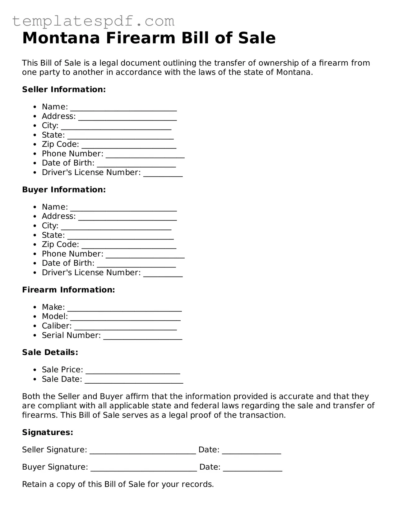 Official  Firearm Bill of Sale Form for Montana