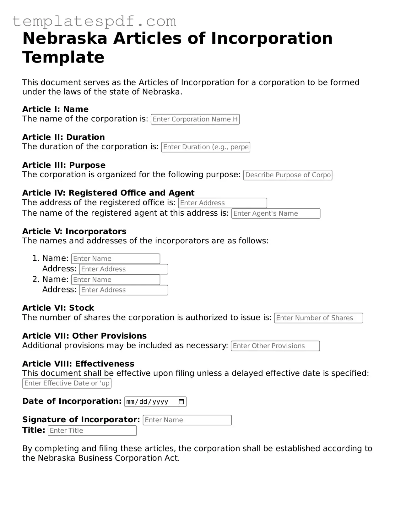 Official  Articles of Incorporation Form for Nebraska