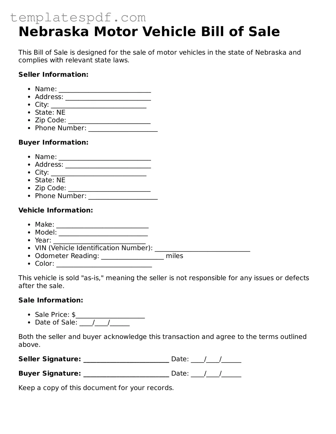Official  Motor Vehicle Bill of Sale Form for Nebraska