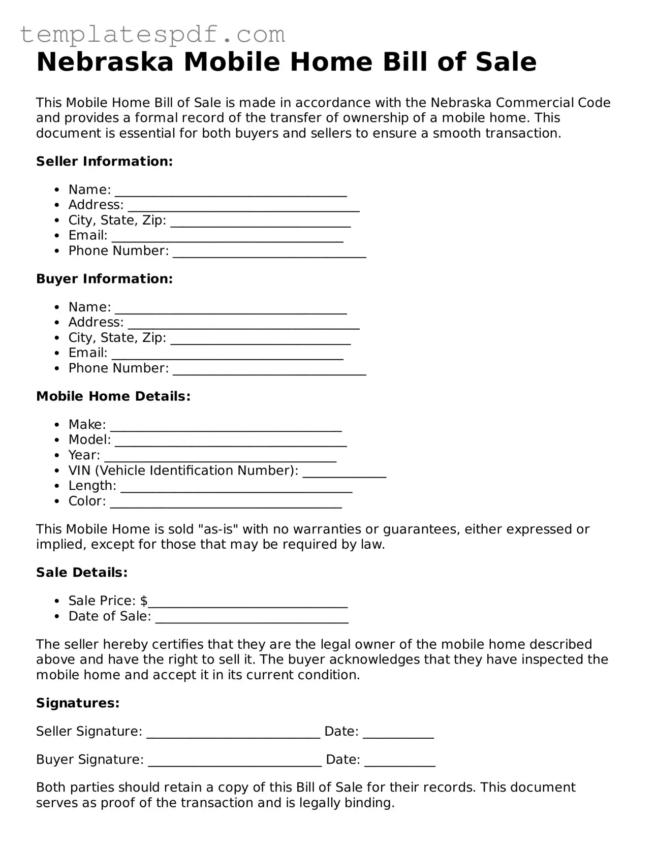 Official  Mobile Home Bill of Sale Form for Nebraska