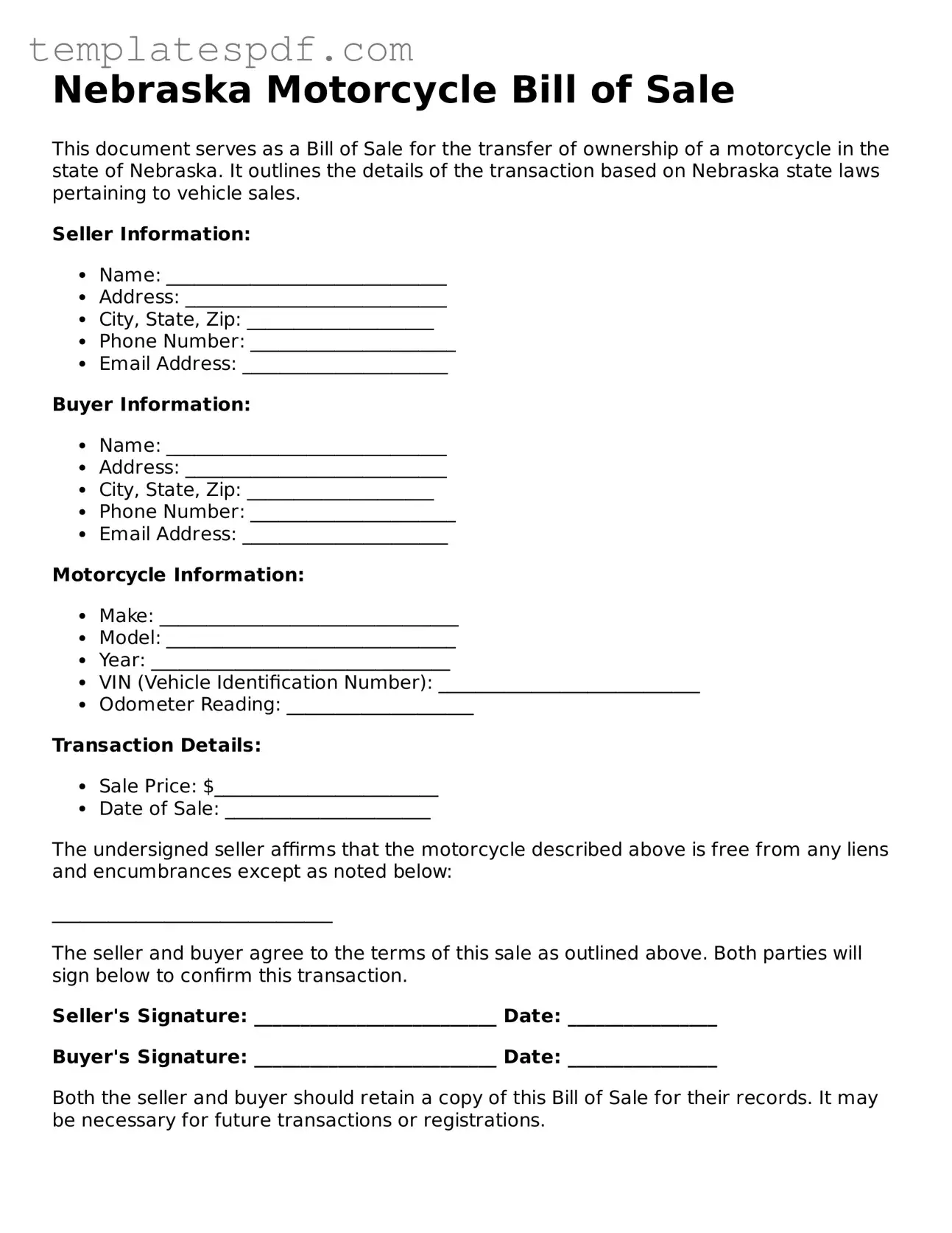 Official  Motorcycle Bill of Sale Form for Nebraska