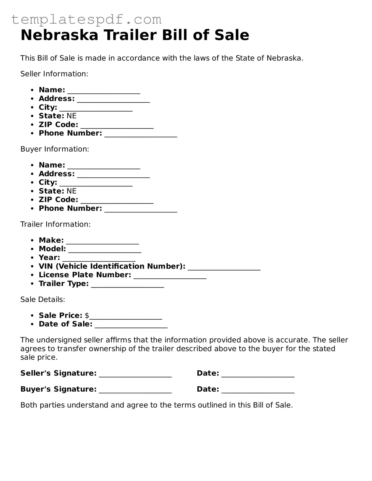 Official  Trailer Bill of Sale Form for Nebraska