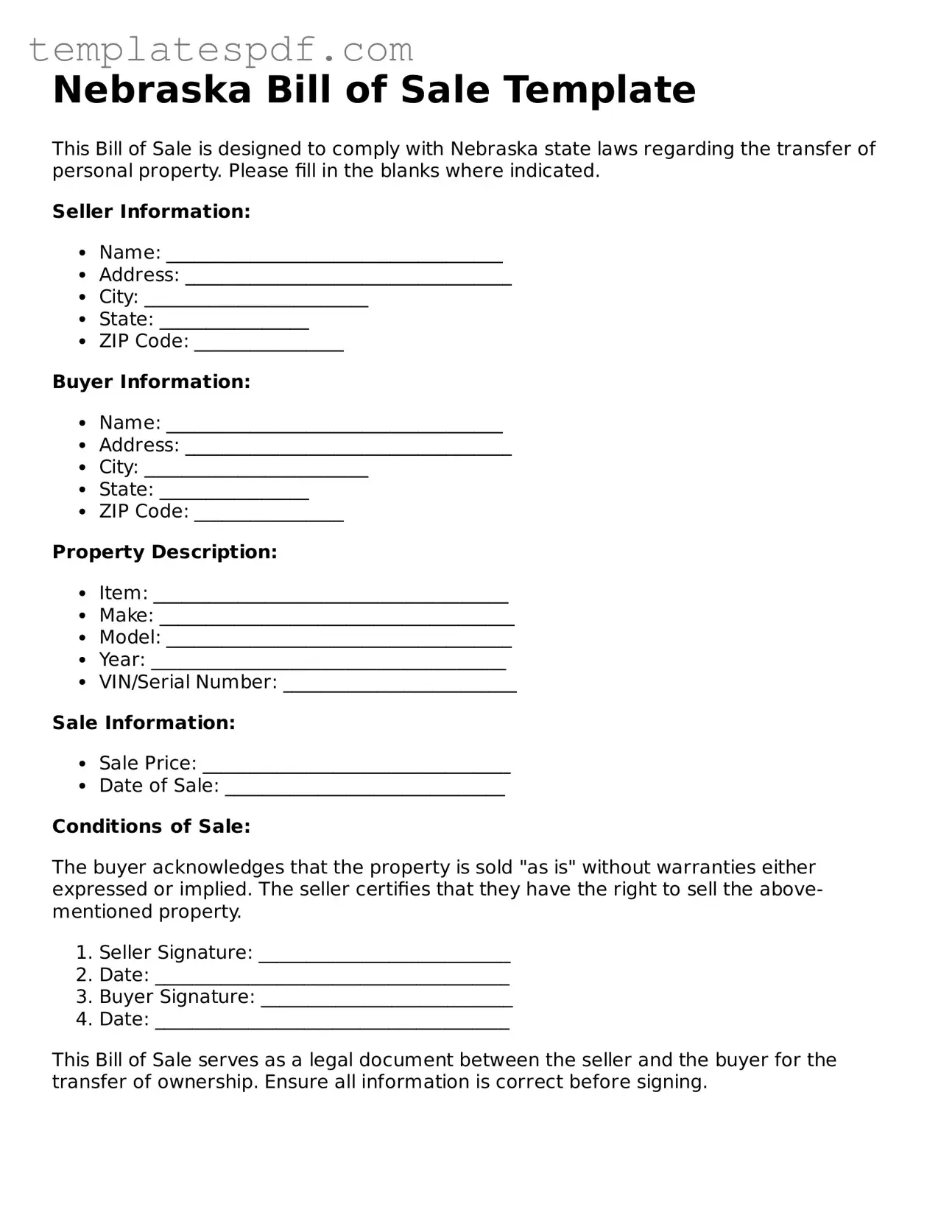 Official  Bill of Sale Form for Nebraska