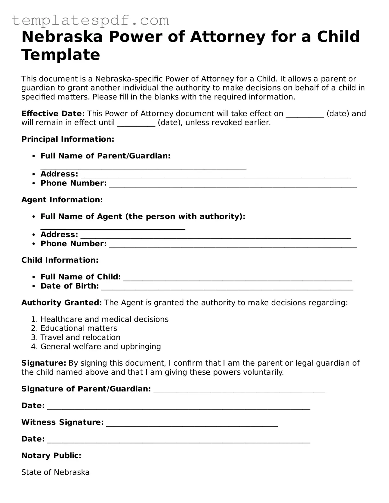 Official  Power of Attorney for a Child Form for Nebraska