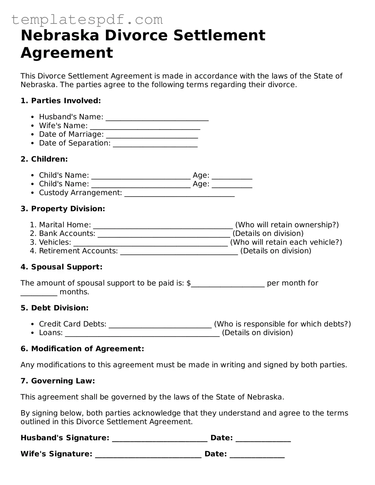 Official  Divorce Settlement Agreement Form for Nebraska