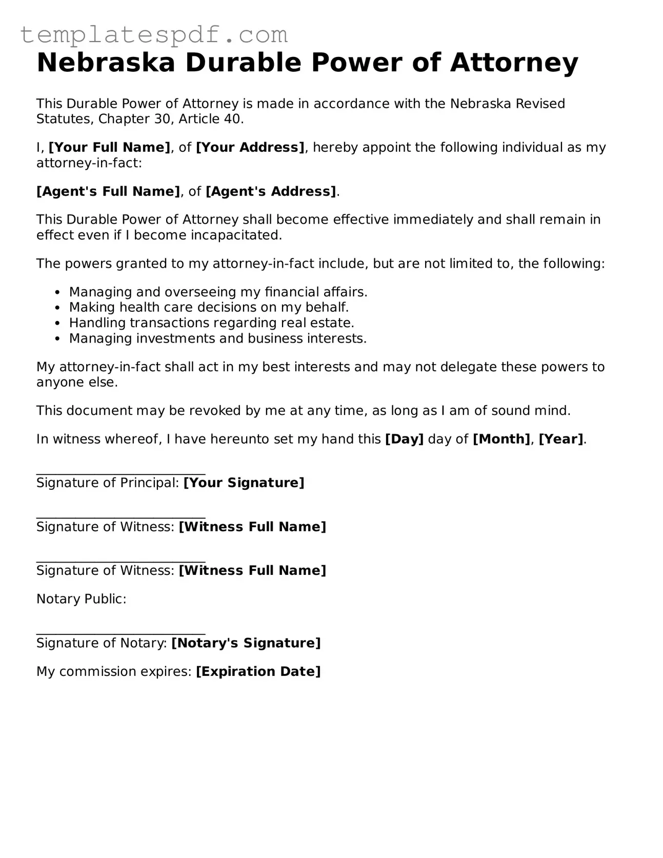 Official  Durable Power of Attorney Form for Nebraska