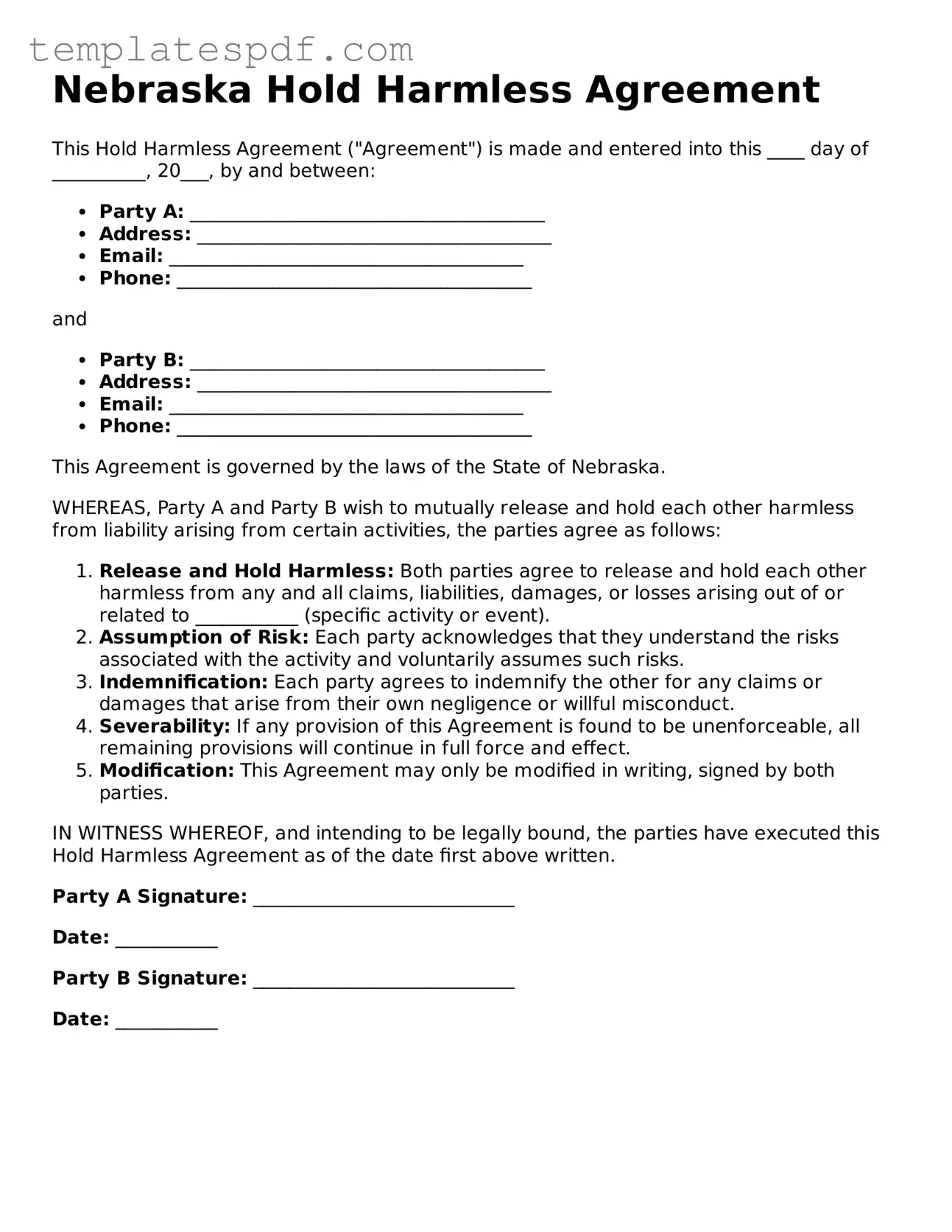Official  Hold Harmless Agreement Form for Nebraska