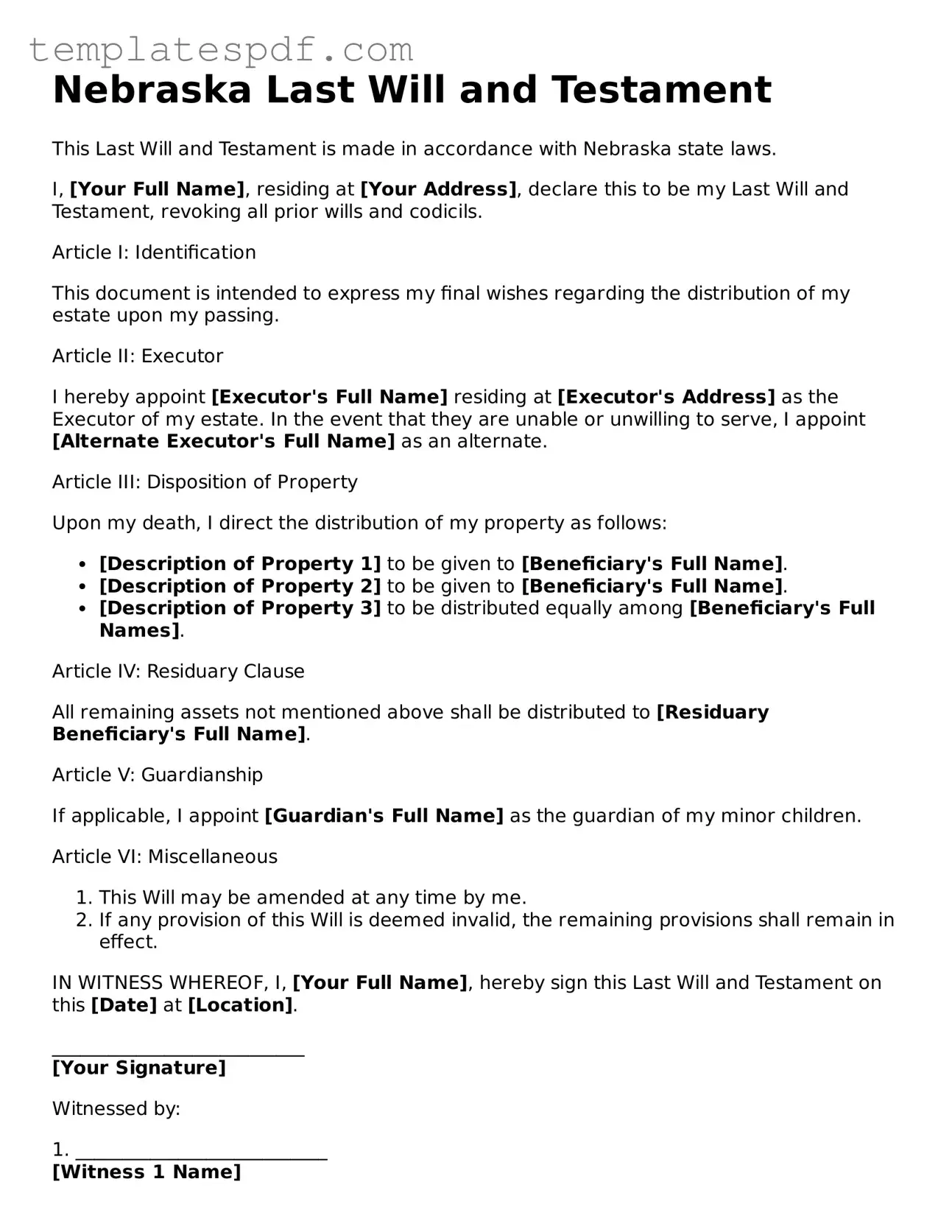 Official  Last Will and Testament Form for Nebraska