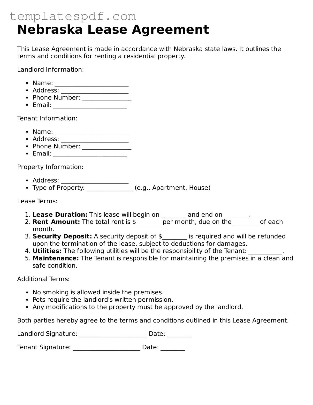 Official  Lease Agreement Form for Nebraska