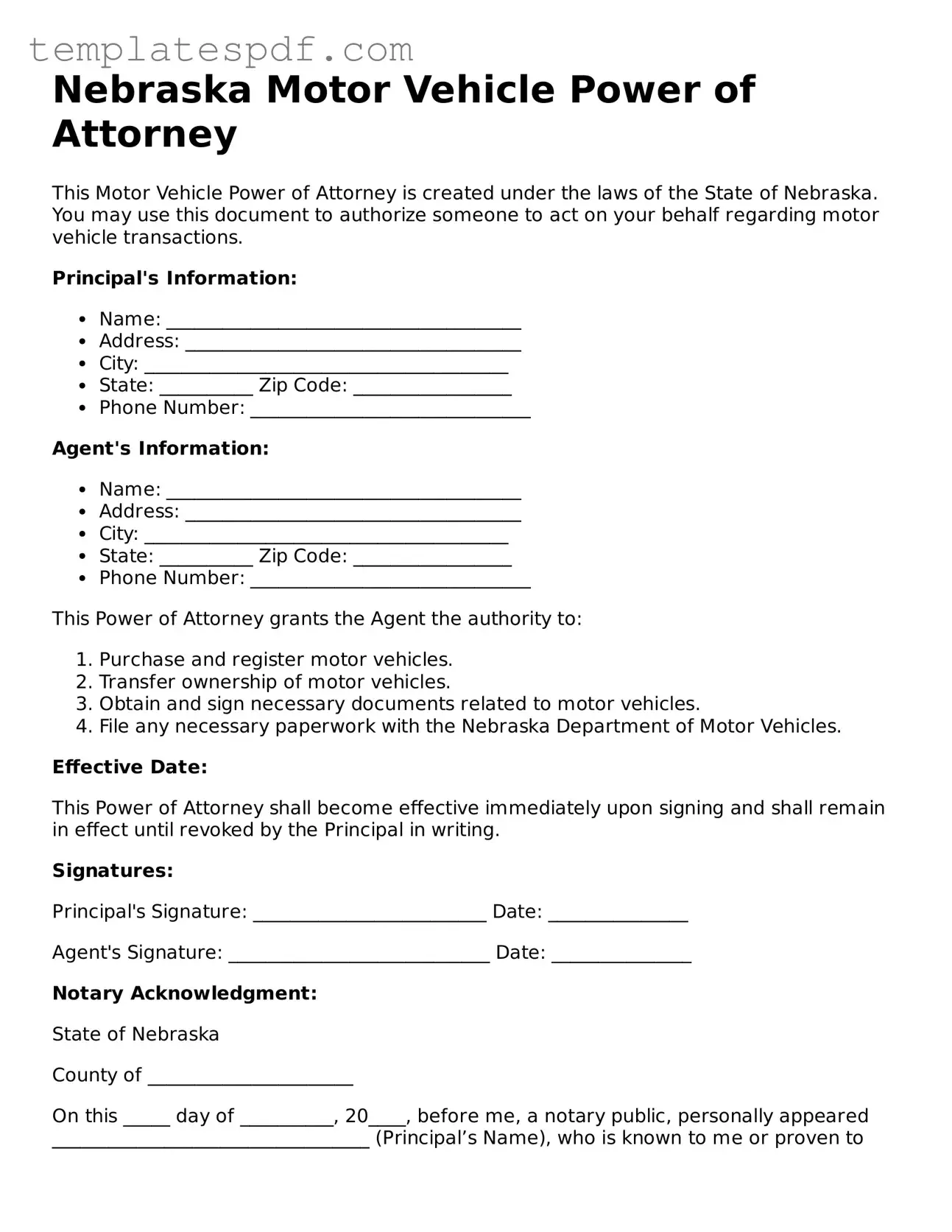 Official  Motor Vehicle Power of Attorney Form for Nebraska