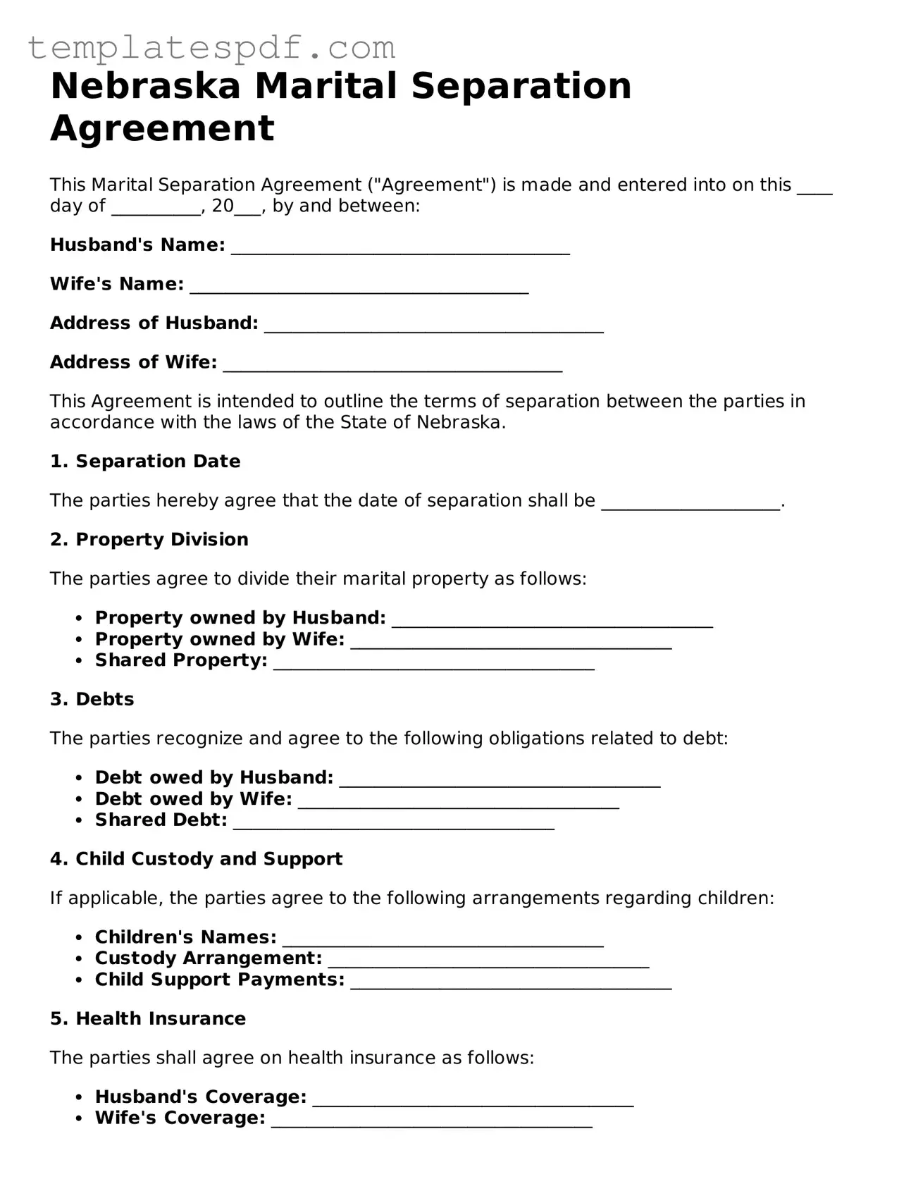 Official  Marital Separation Agreement Form for Nebraska