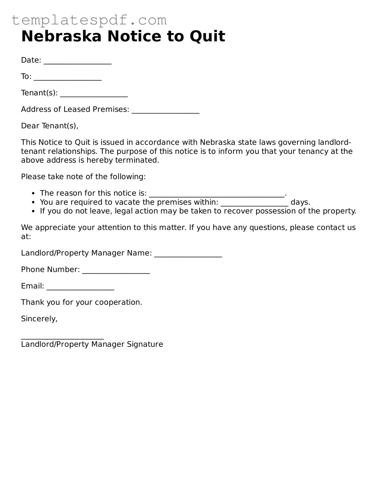 Official  Notice to Quit Form for Nebraska