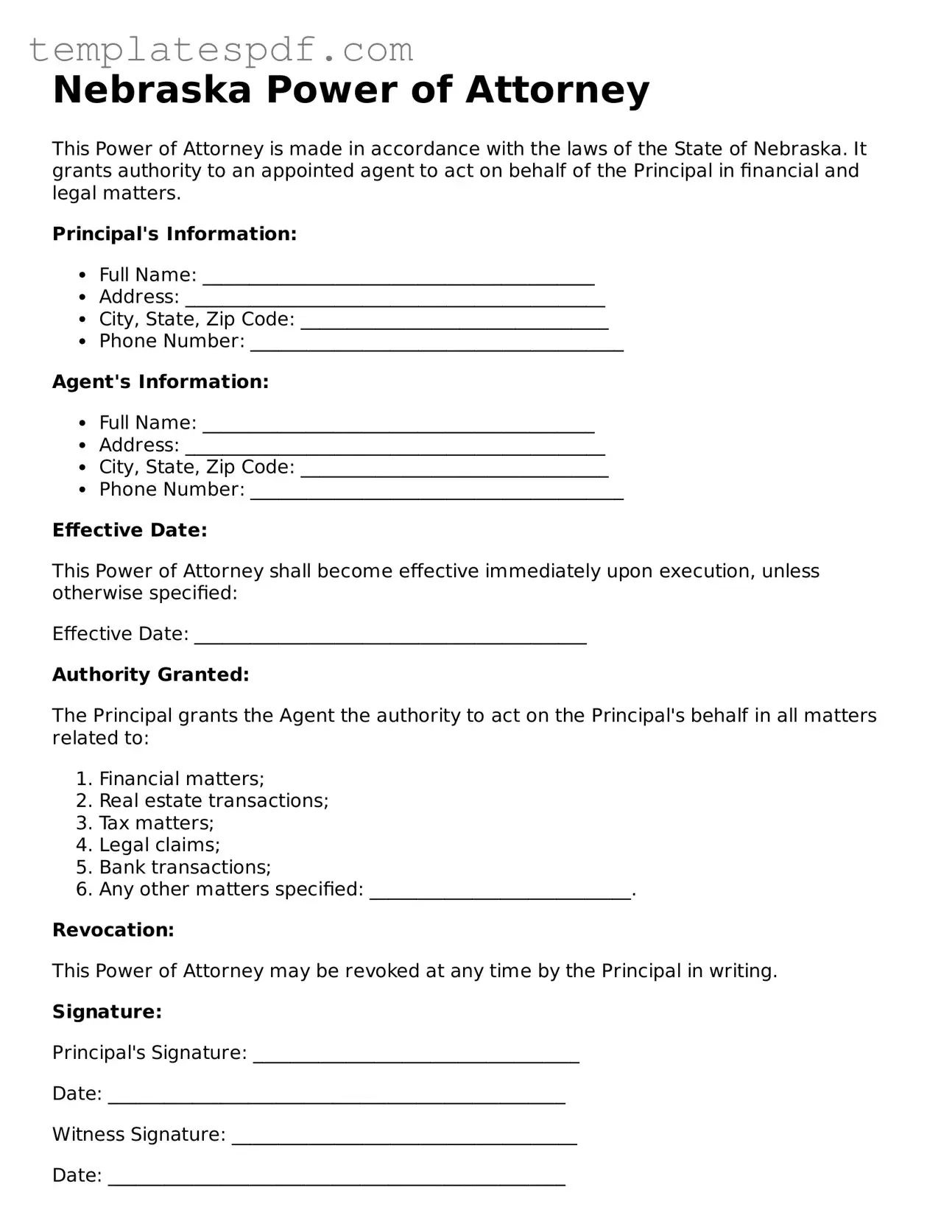 Official  Power of Attorney Form for Nebraska