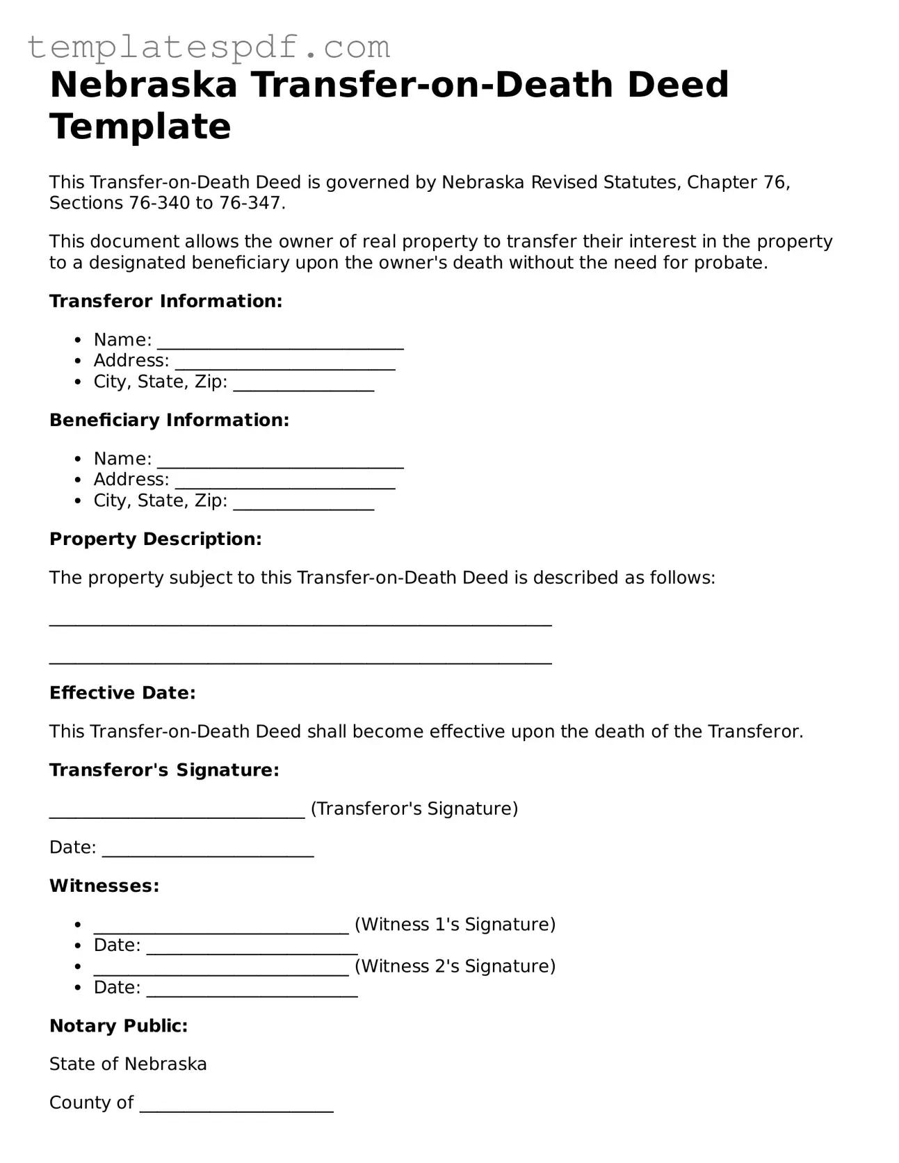 Official  Transfer-on-Death Deed Form for Nebraska