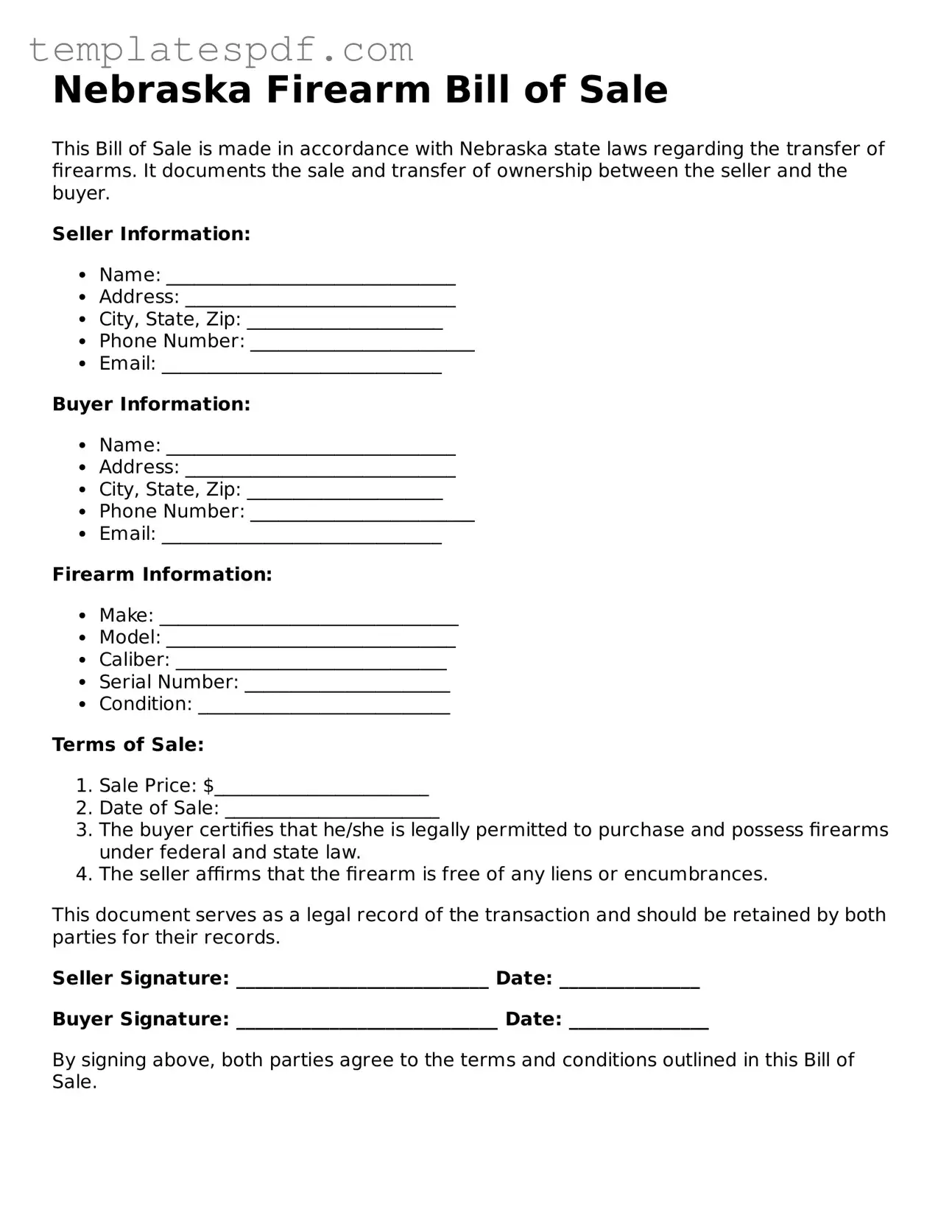 Official  Firearm Bill of Sale Form for Nebraska