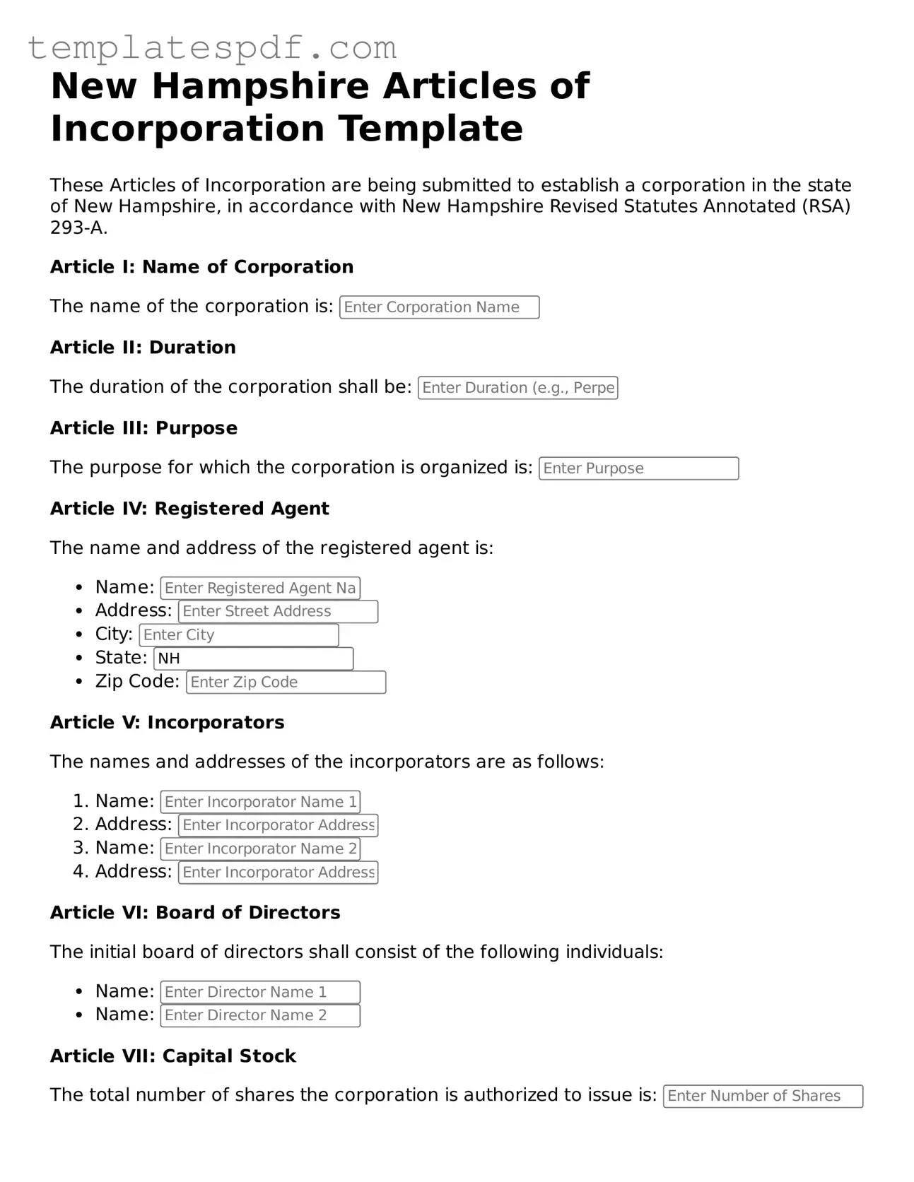 Official  Articles of Incorporation Form for New Hampshire