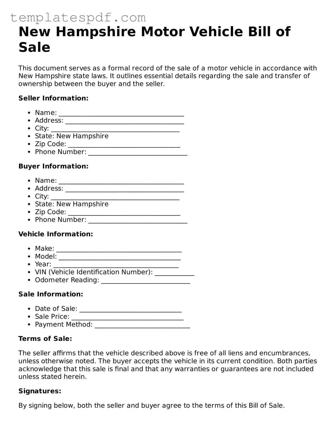 Official  Motor Vehicle Bill of Sale Form for New Hampshire