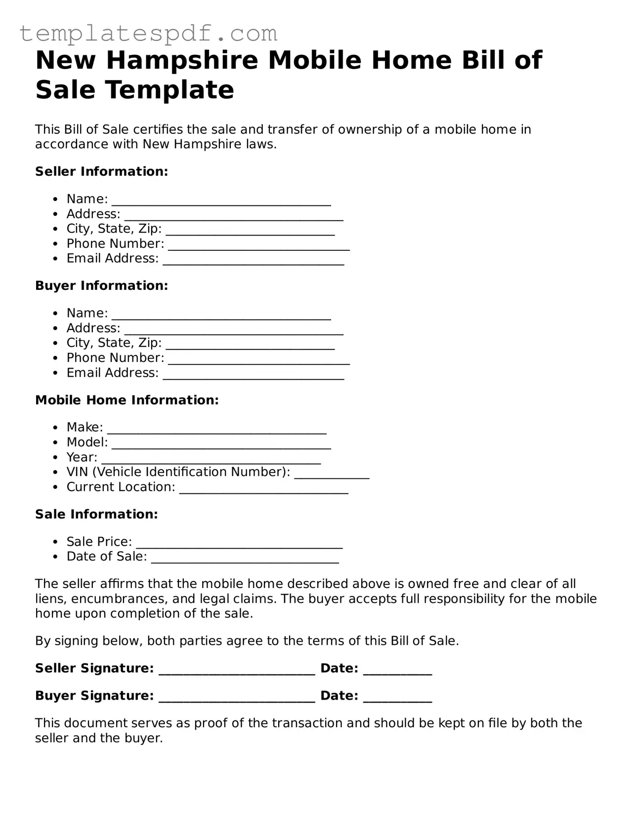 Official  Mobile Home Bill of Sale Form for New Hampshire