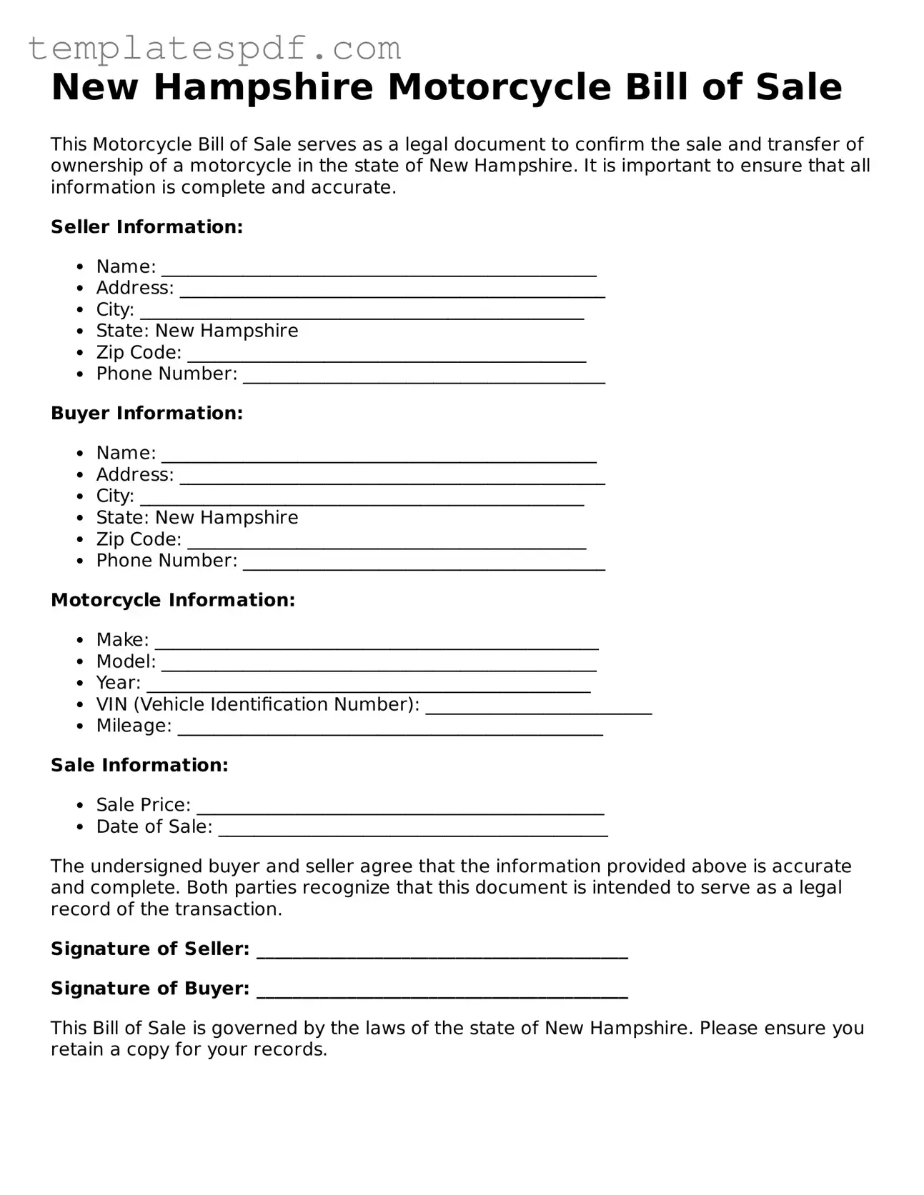 Official  Motorcycle Bill of Sale Form for New Hampshire