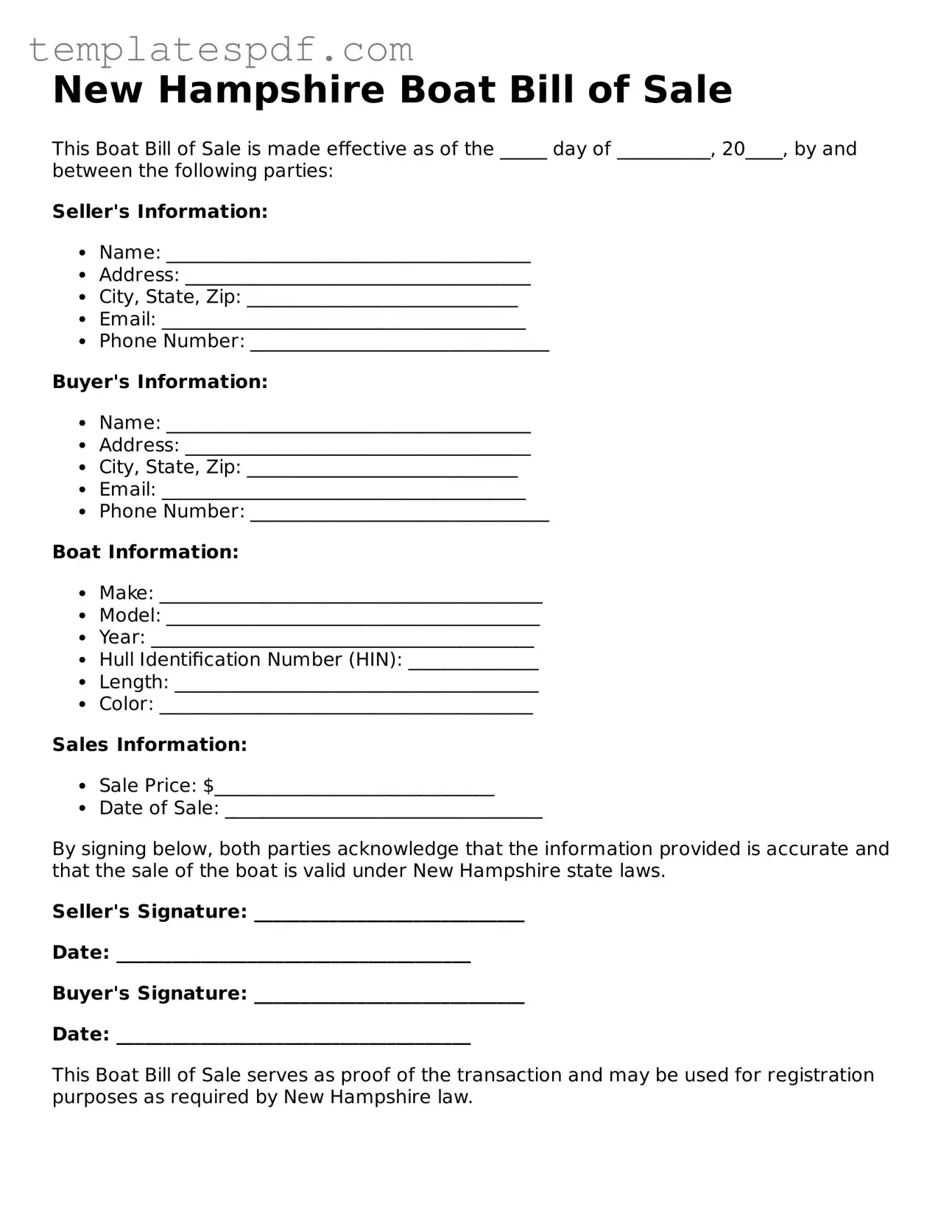 Official  Boat Bill of Sale Form for New Hampshire