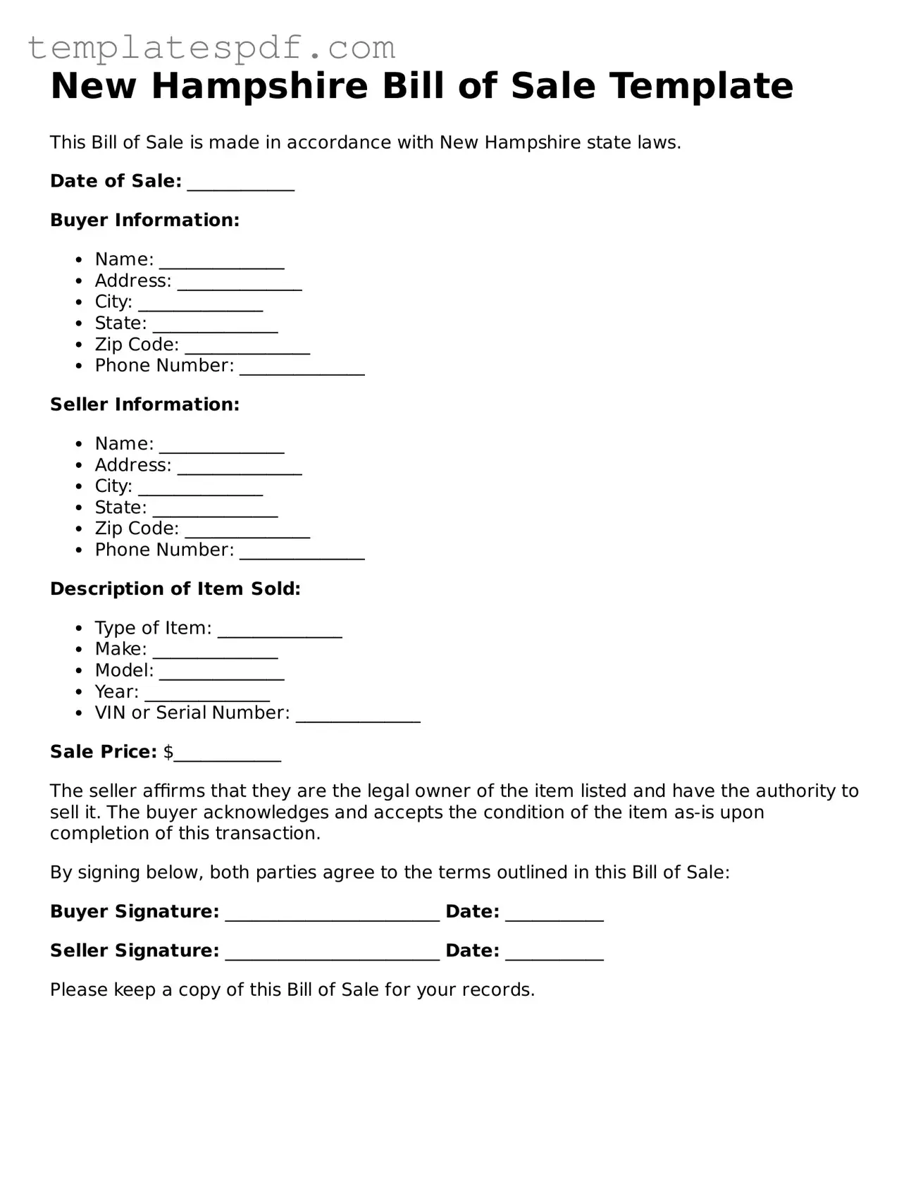 Official  Bill of Sale Form for New Hampshire