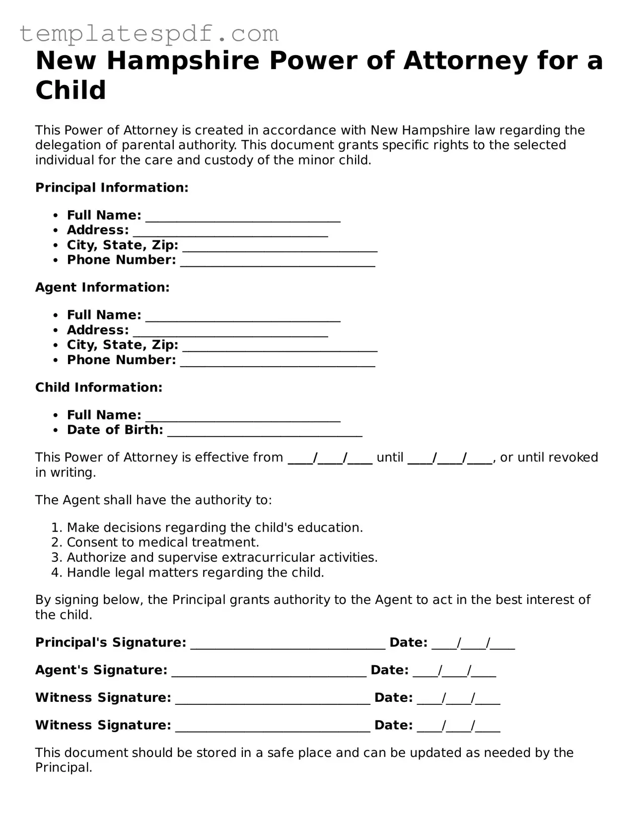 Official  Power of Attorney for a Child Form for New Hampshire