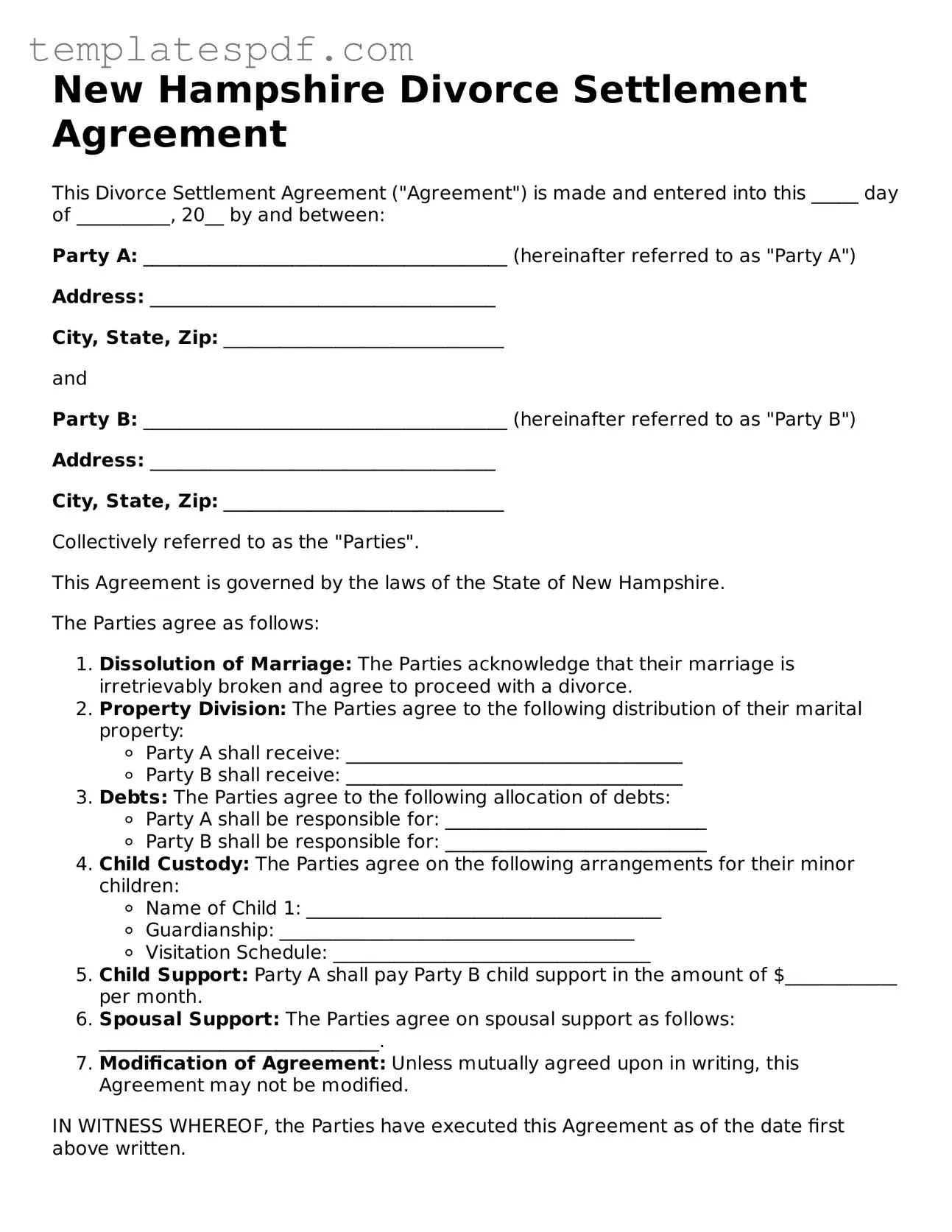 Official  Divorce Settlement Agreement Form for New Hampshire
