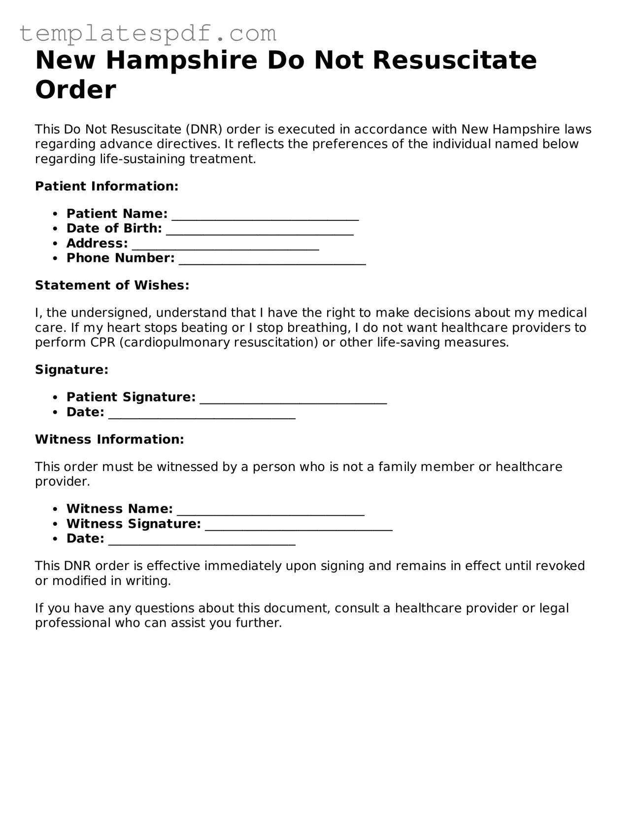 Official  Do Not Resuscitate Order Form for New Hampshire